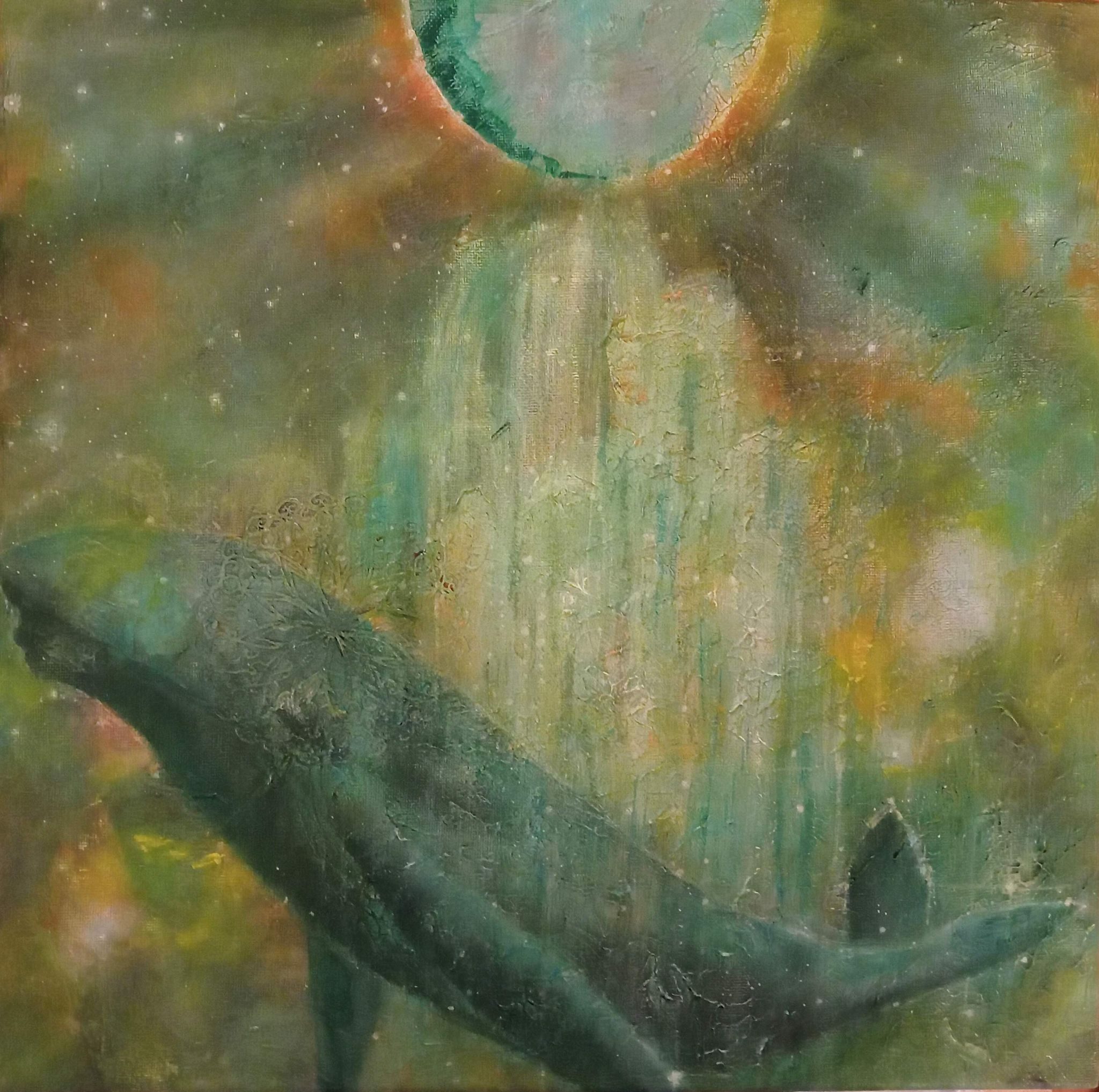 Square image in subdued shimmering greens, white yellow and orange depicting a humpback whale which fills the bottom third of the canvas with a waterfall behind among stars. The bottom half of a planet hangs centrally from the top centre and radiates light. The overall effect is magical and dreamy.