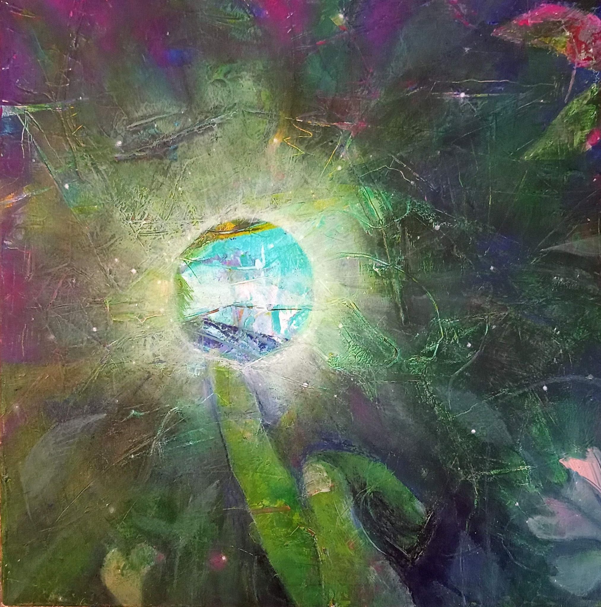 Square image in dark, forestry acrylic and oil pastel showing a magical, glowing turquoise sphere, just left of centre, balanced on a fingertip