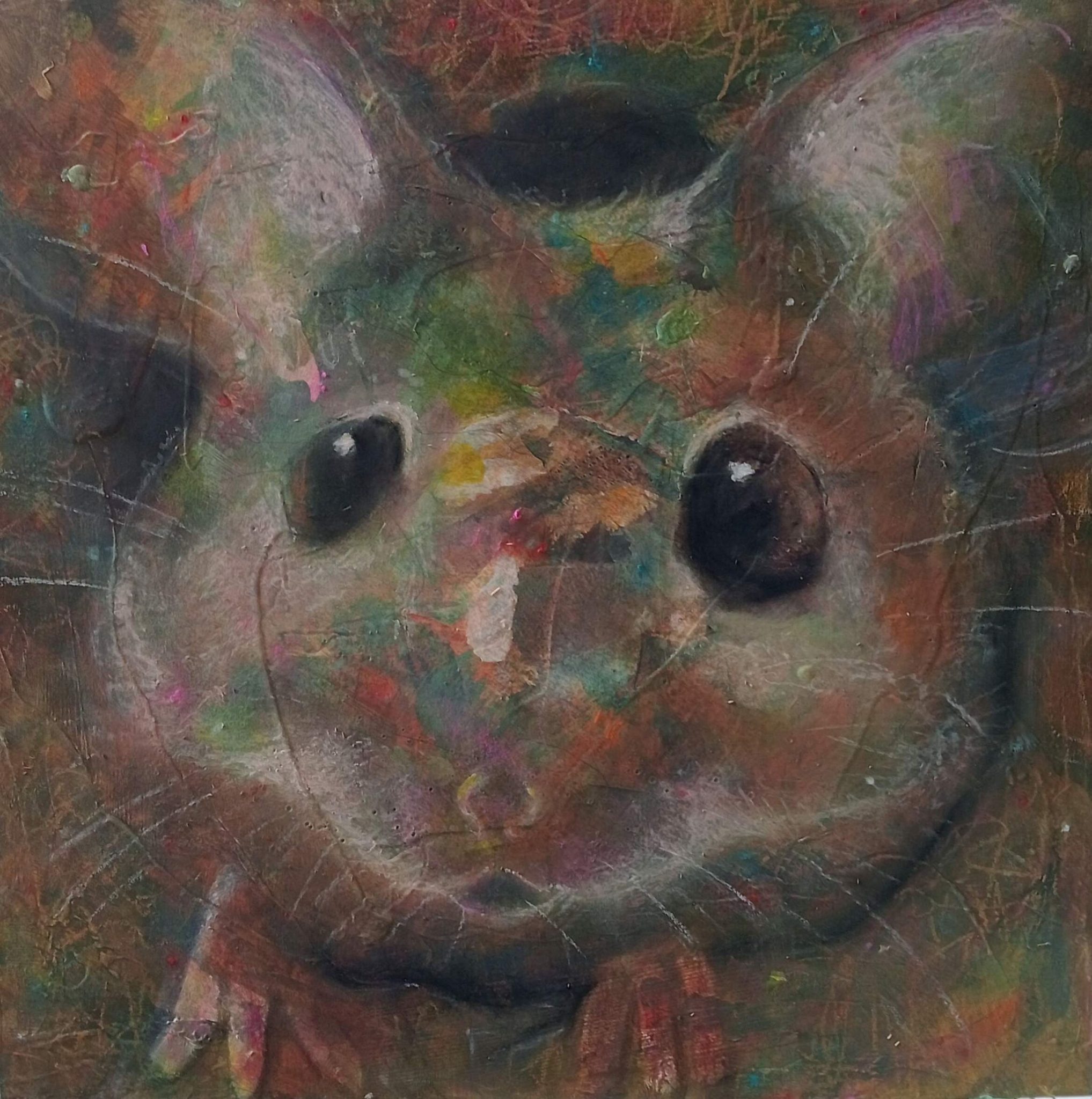 A square image in acrylic and oil pastel. The face and paws of a wood mouse fill the space, popping out of a hole in a tree, with huge shiny black eyes, upright ears and abundant white whiskers.