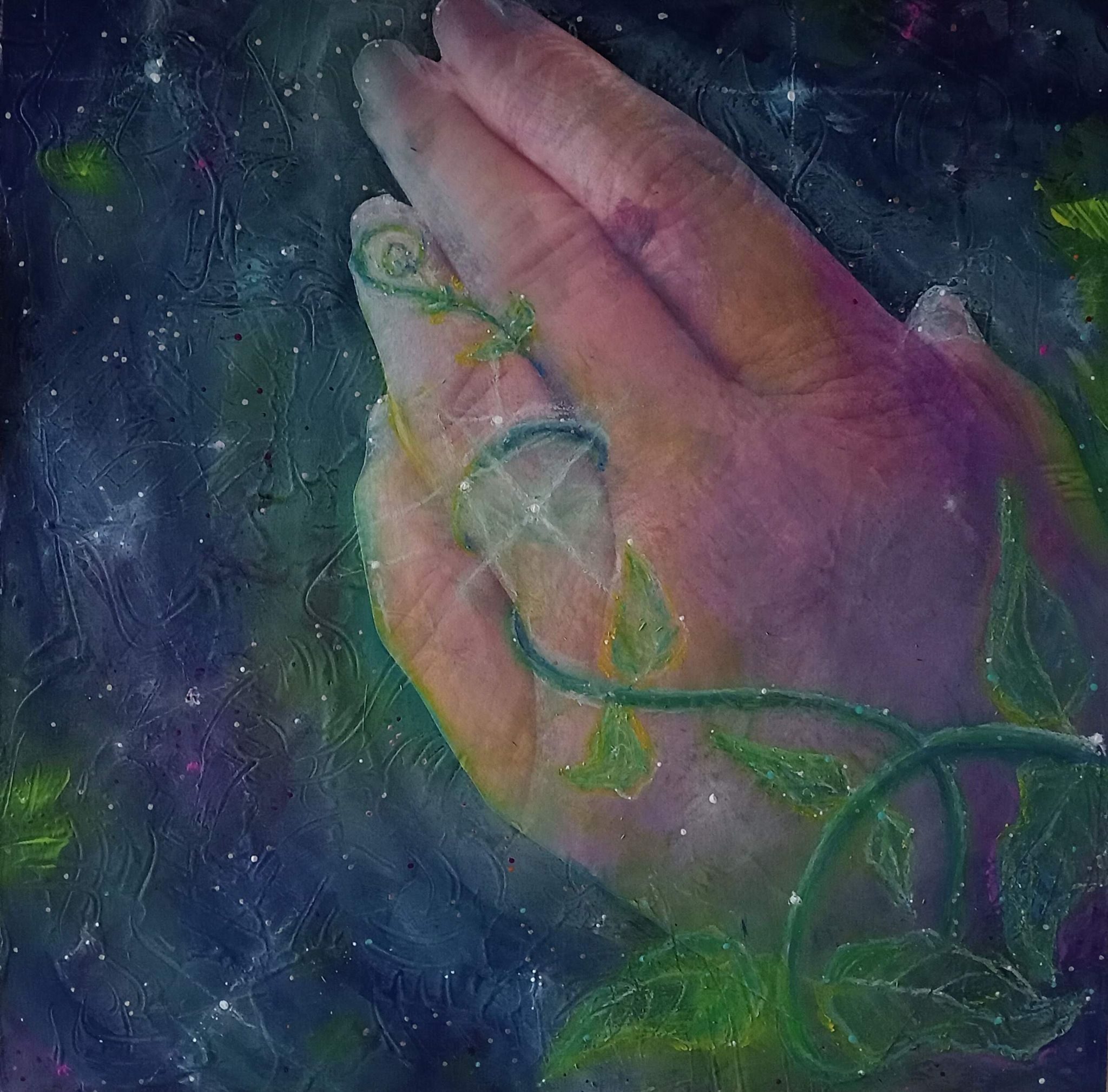 Square image in acrylic paint and oil pastel, showing a left hand surrounded by the cosmos, a living tendril winds around the 'ring' finger echoing the spiral unfolding of life