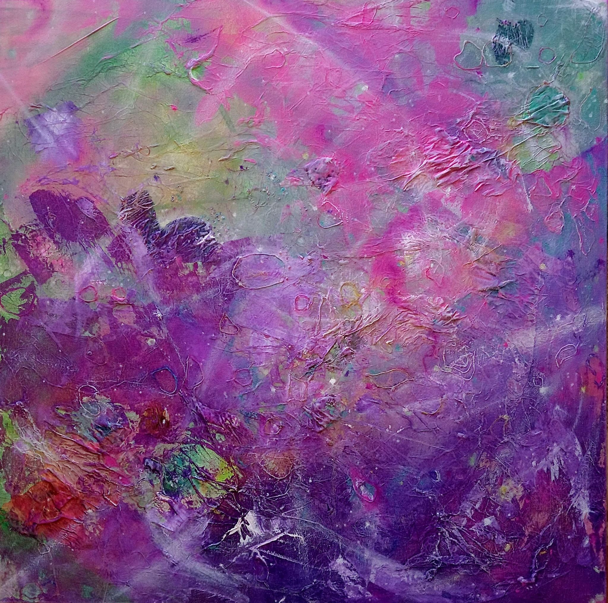 Square image on canvas in acrylic paint and oil pastel with collage. A cosmic image of pinks, purples and turquoise green, peppered with stars, crisscrossed beams of light and mystery,