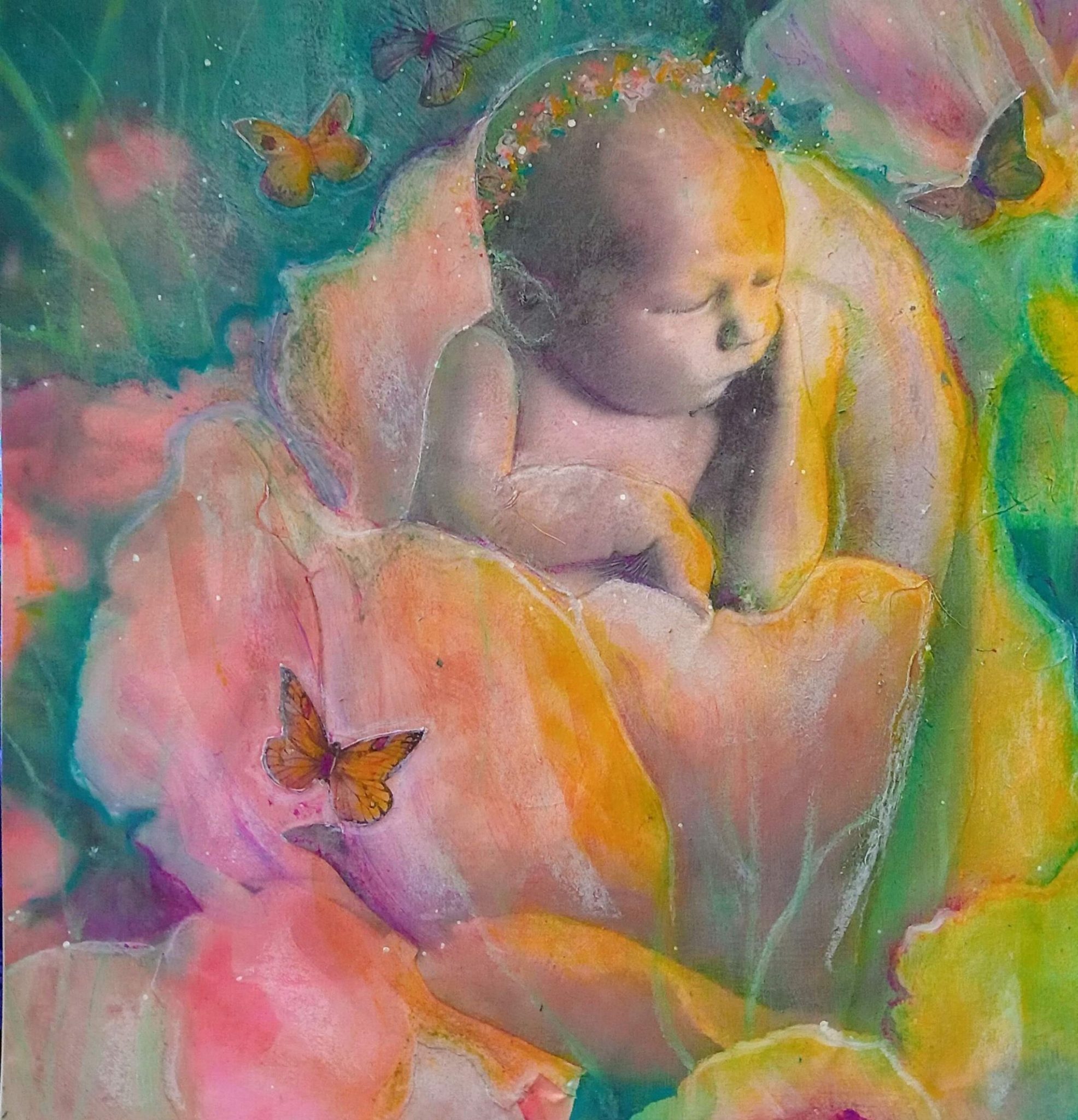 Square image in collage, acrylic paint and oil pastel depicting a newborn baby emerging from an opening rose. The image glows at dawn with pinks, teal and golden yellow while small butterflies circle the rose with it's precious cargo that dominates the picture