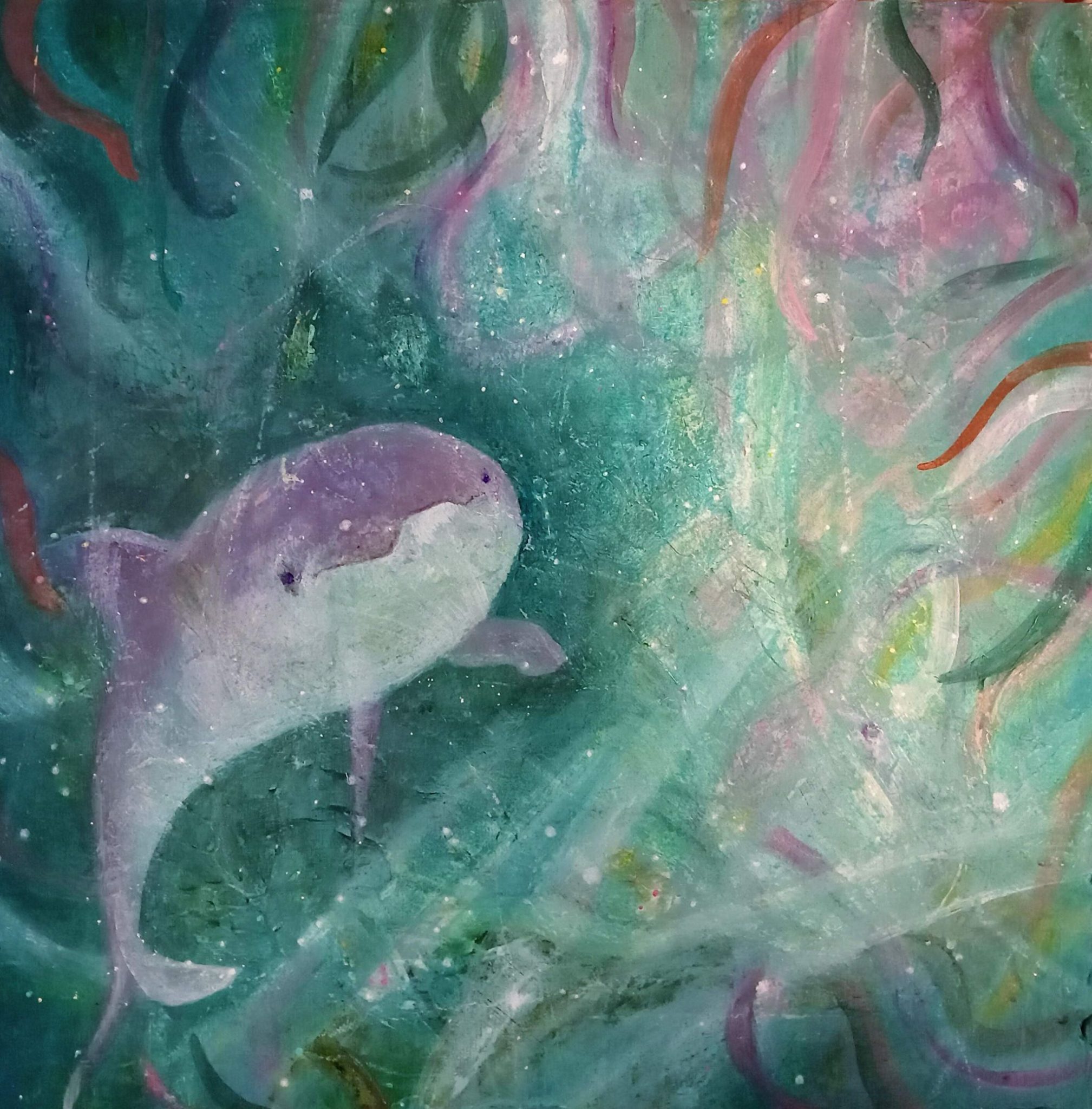 Square underwater image in acrylic paint and oil pastel showing a dolphin (left of centre) among a tangle of waving anemone arms in muted tones of green purple and orange, with slanting shafts of light refracting like a diamond