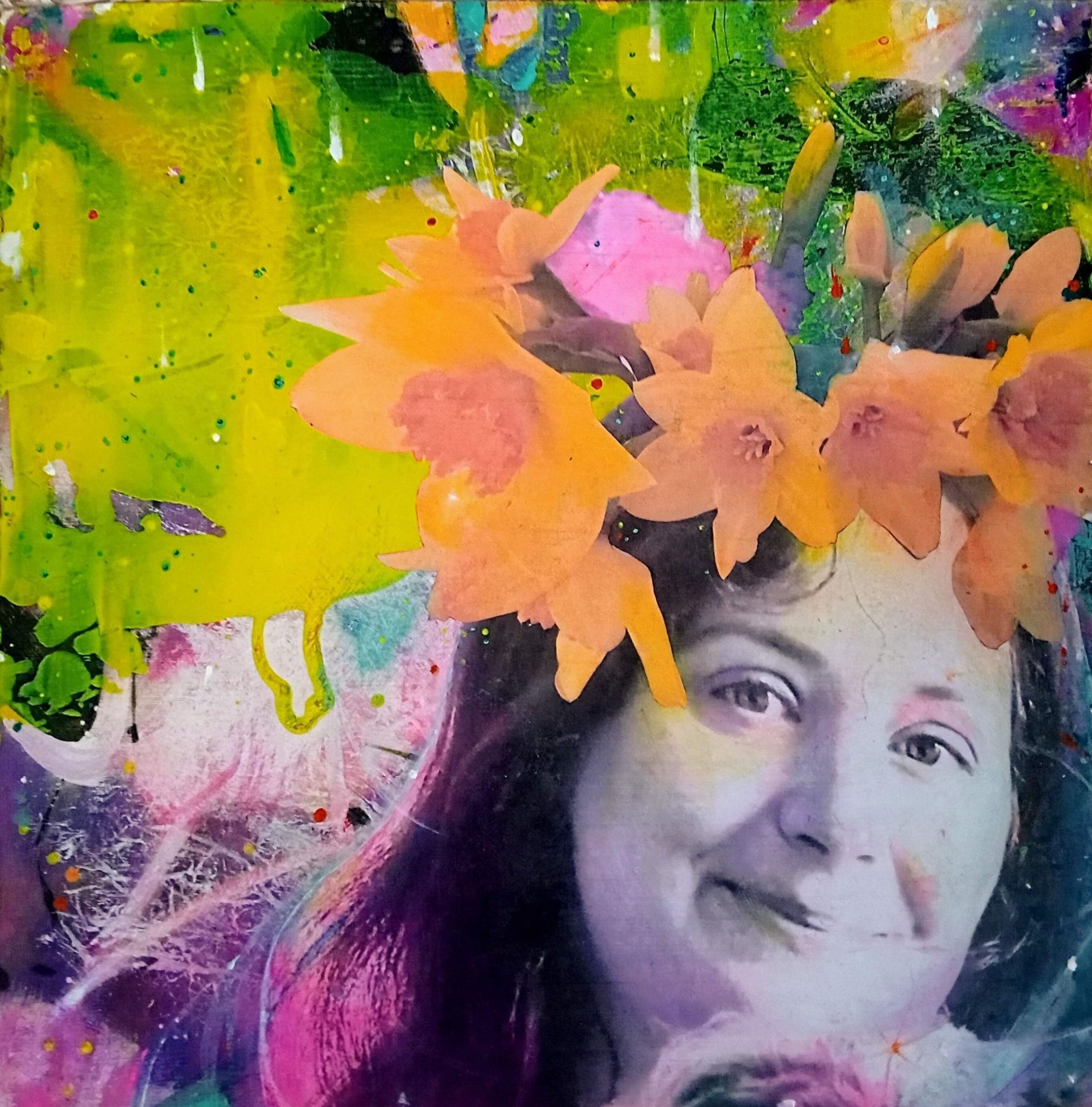 Square image in acrylic paint and oil pastel with collage - a young woman's gently smiling face, crowned with daffodils, against a splashy background of neon yellow, turquoise and pink
