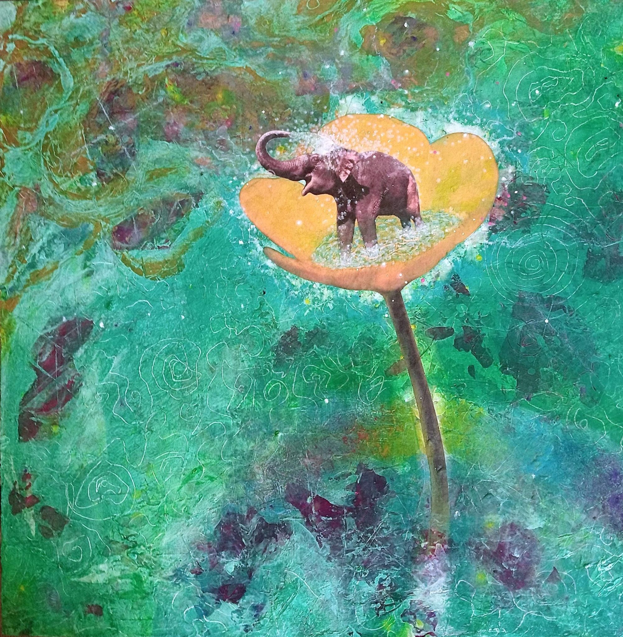 Square image, in acrylic paint and oil pastel with collaged elements, showing an outsized buttercup towering above clear turquoise water and submerged islands. An elephant joyfully showers itself with water from the pool contained by the buttercup. Water droplets fly everywhere.