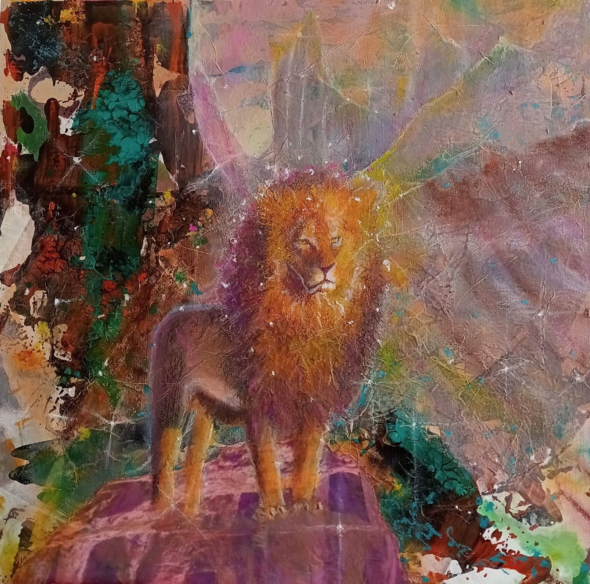 Square image on wooden panel, in acrylic paint and oil pastel with collage elements, showing a full maned, golden lion standing strong in a mystical rocky landscape of pinks, mauves and teal