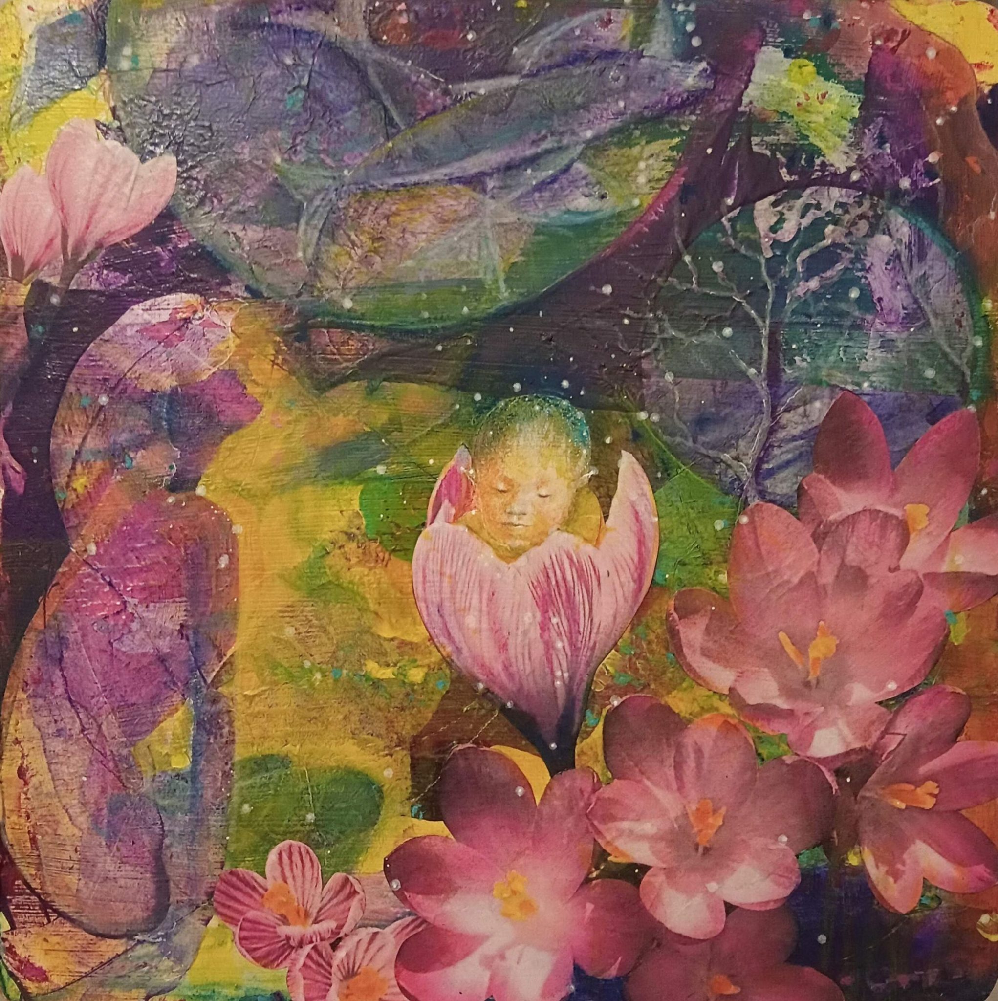 Square image on wooden panel, in mixed media, showing a dreamlike montage of flowers, fish, stars, a seated masked figure and a baby sleeping inside an open variegated crocus