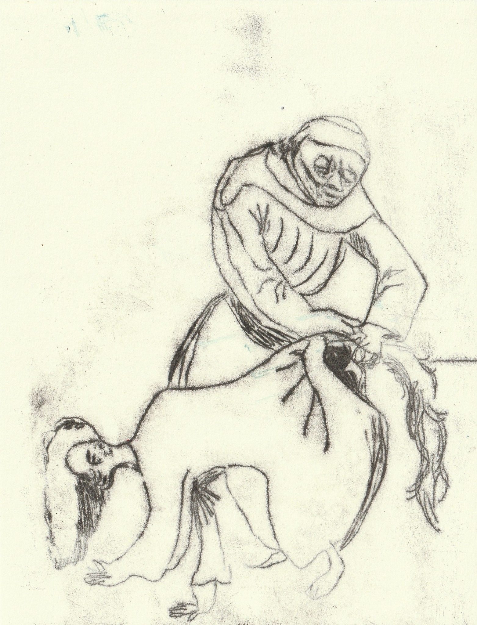 Monoprint of two figures, one bent on all fours, the other pulling on the other's tail (that appears to have grown out of their backside).