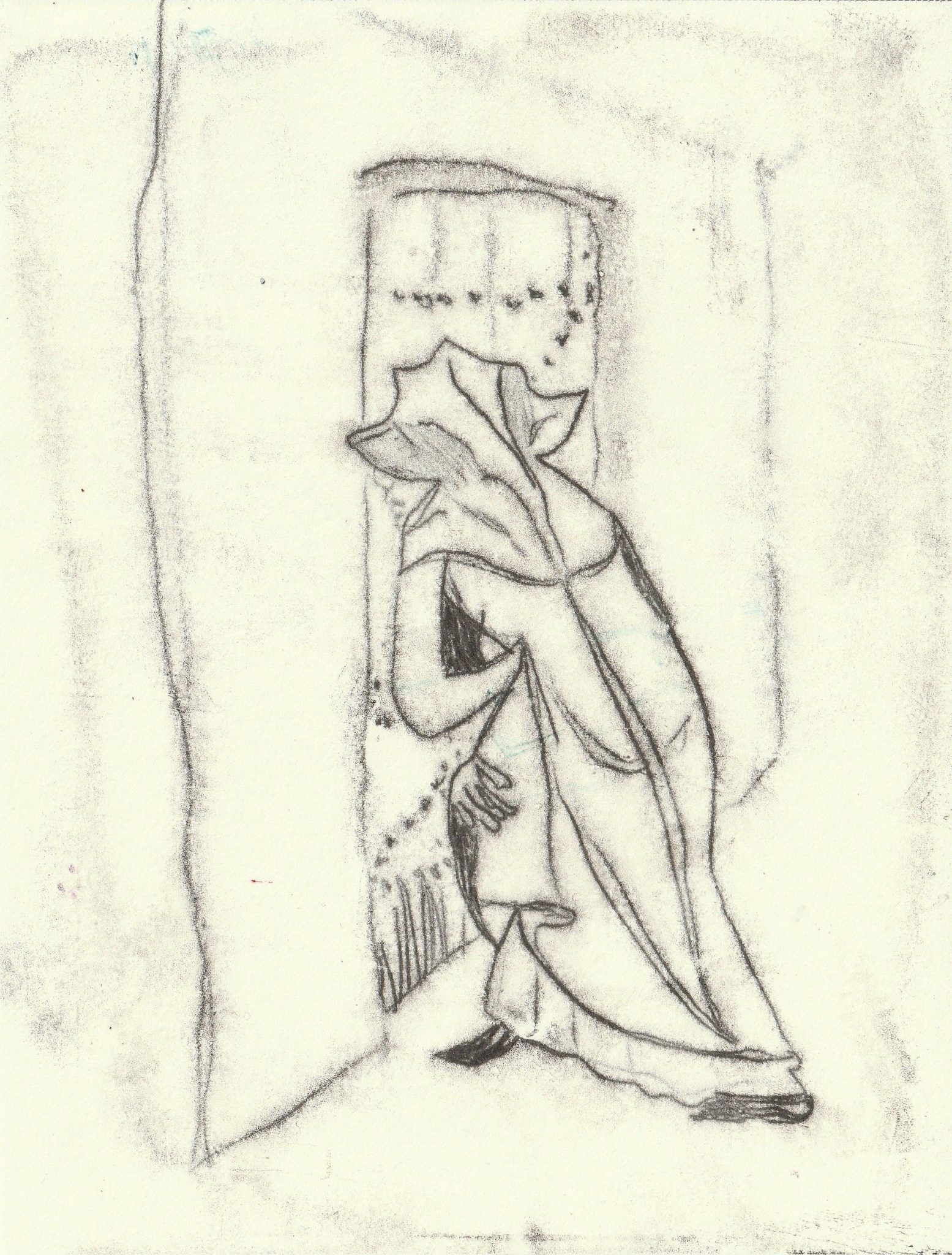 Monoprint of a solo figure walking towards a wooden door.