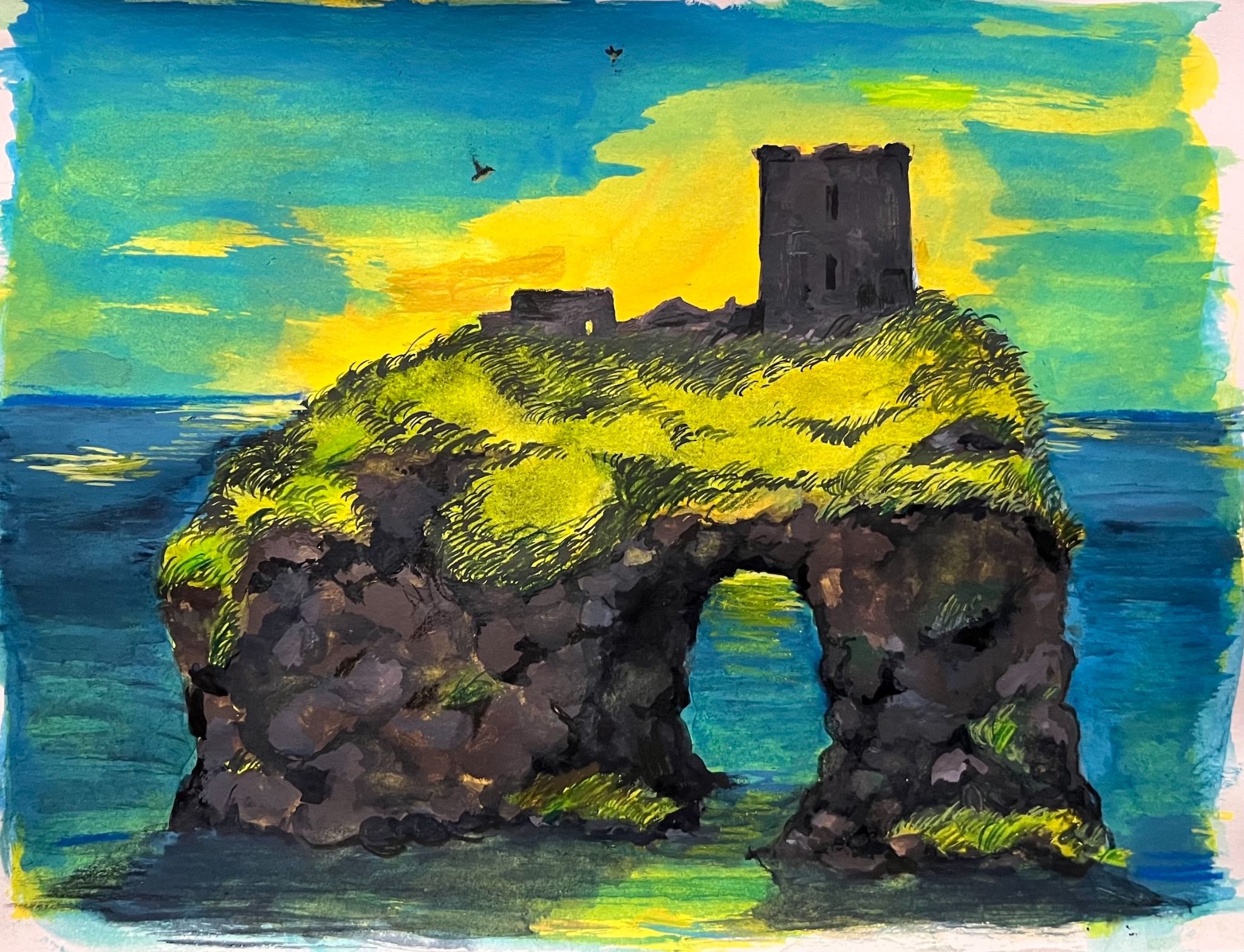 Old castle on a small island with sun shining behind it and on the water.