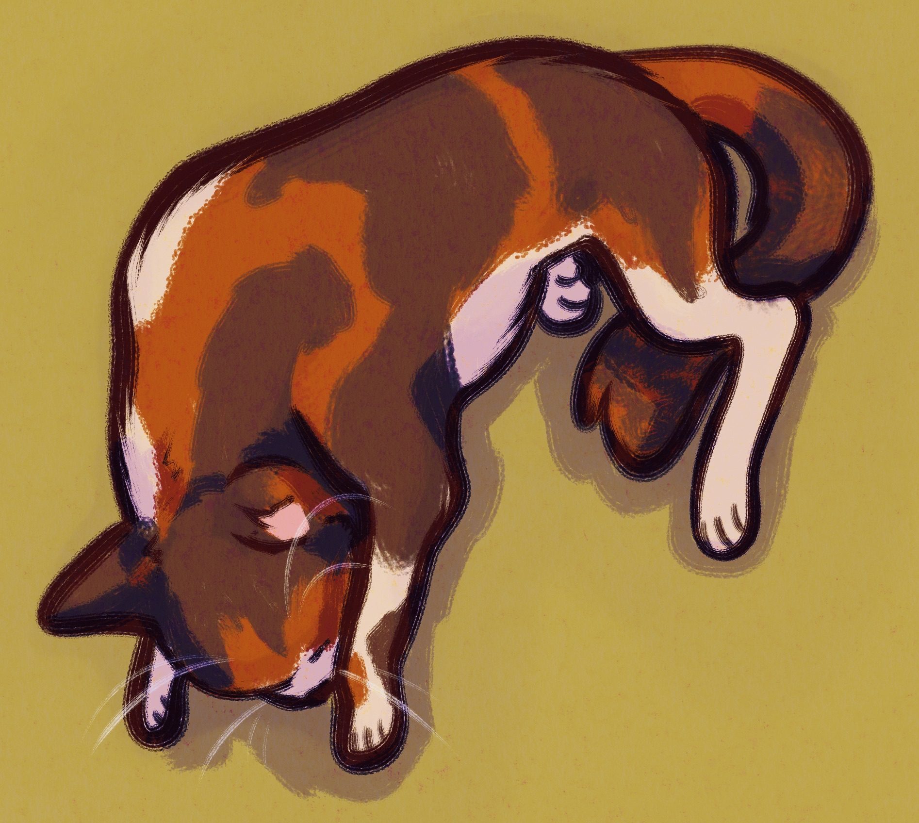digital drawing of a limp calico cat on its belly sleeping with its head down