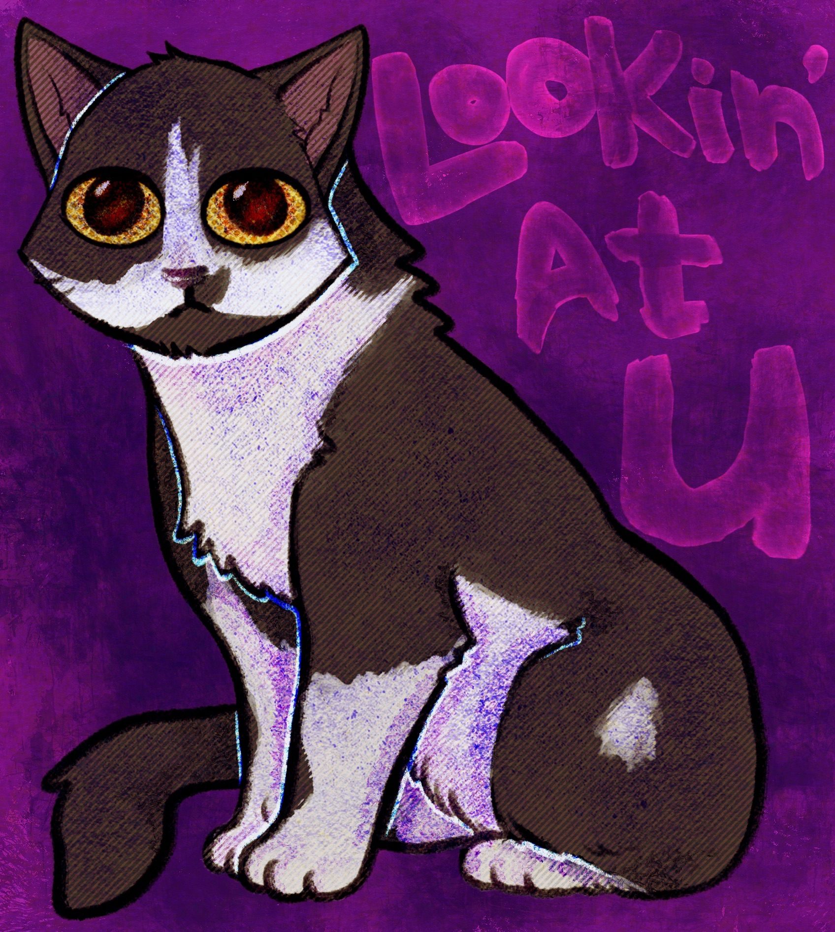 digital painting of a stylised tuxedo cat sitting and looking right at the viewer, highly textured, pops of orange and purple