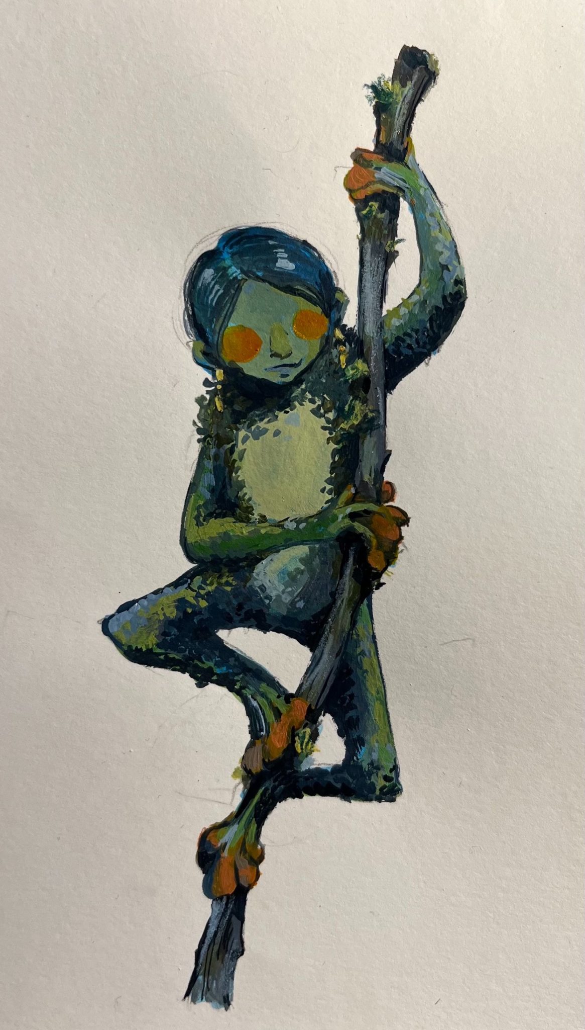 Frog - who suspiciously has human features - resting on a twig.