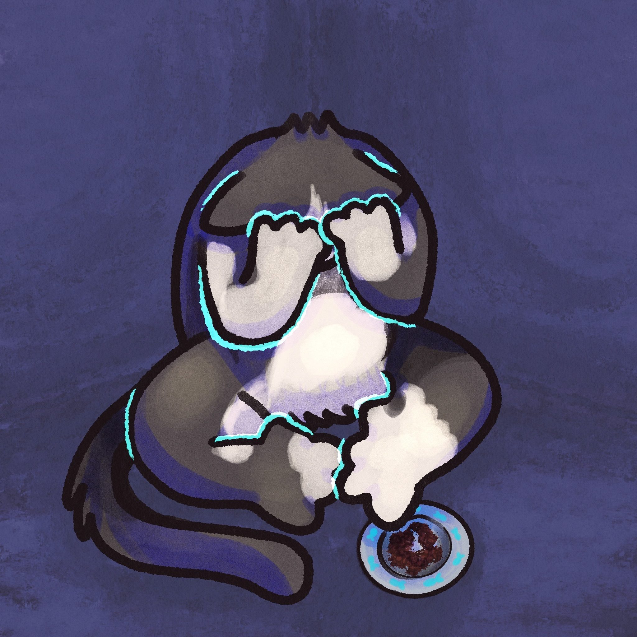 digital painting of a chubby cartoonised tuxedo cat with her head between her paws as she sits woefully in front of a partially full bowl of dry cat food. she reeks of despair