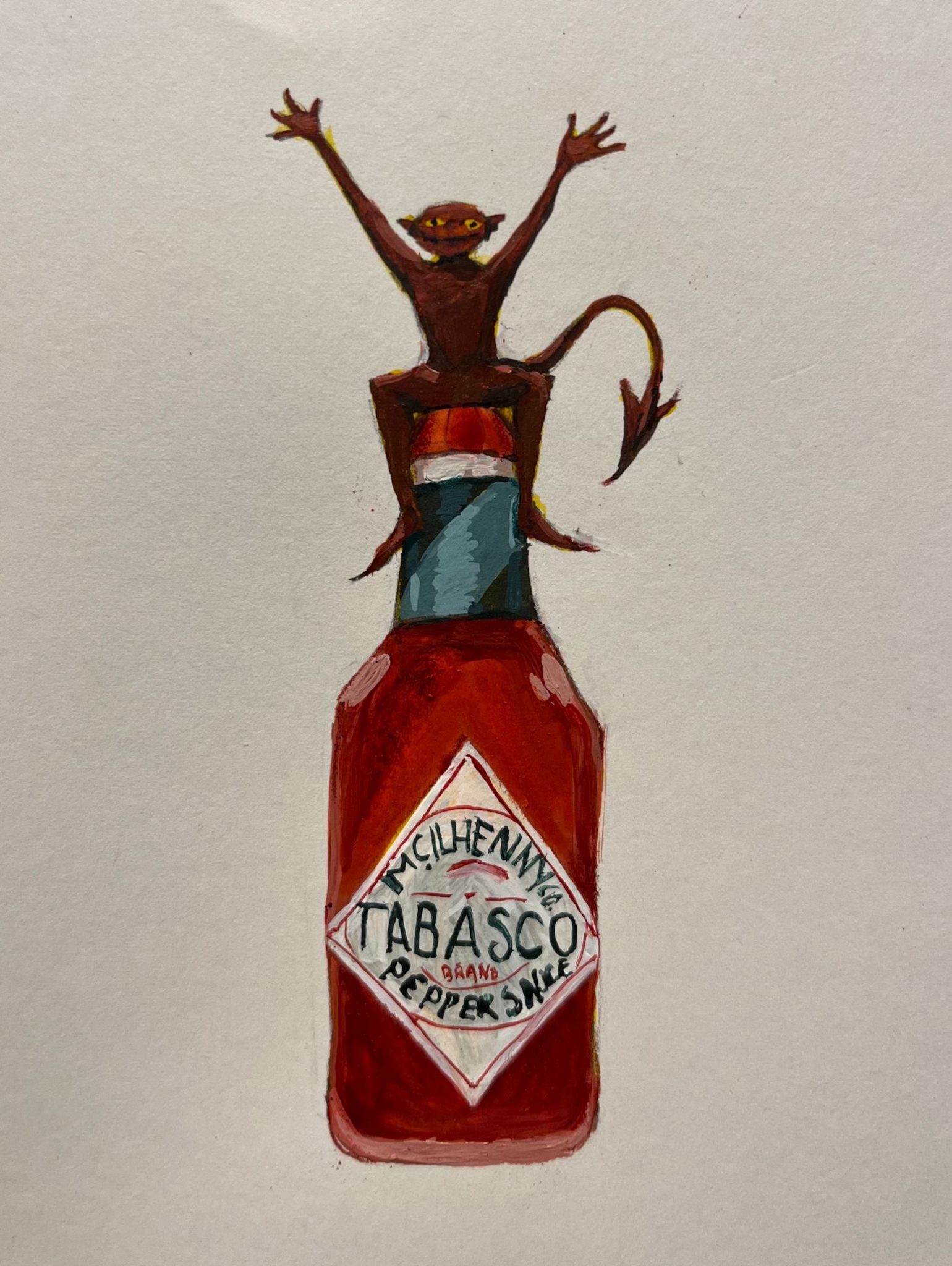 Little devil sitting on a tabasco bottle, his arms are raised and he is happy.