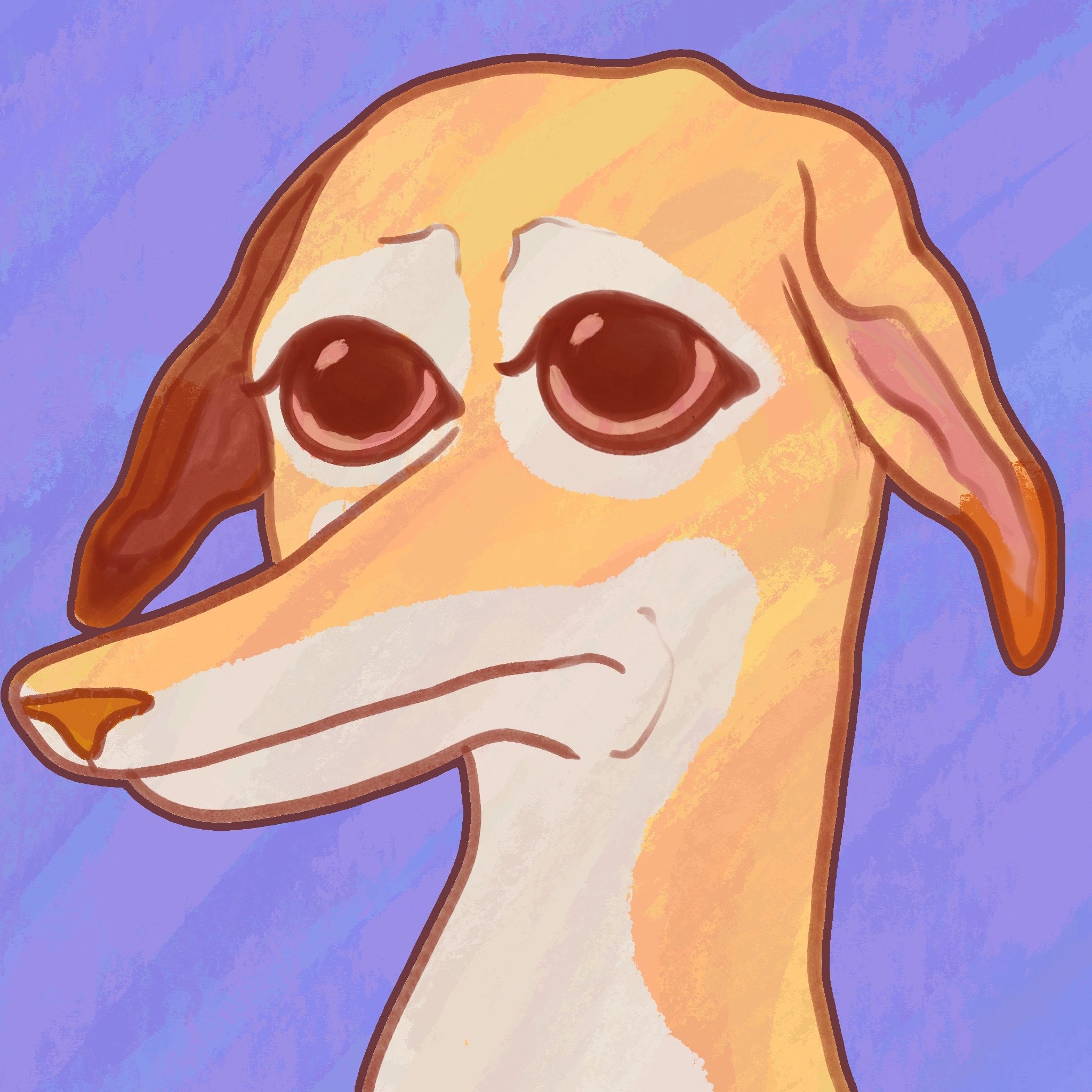 digital painting of a tawny italian greyhound’s head looking miserable with big stupid eyes on a purple background, i’m out of ideas again ok