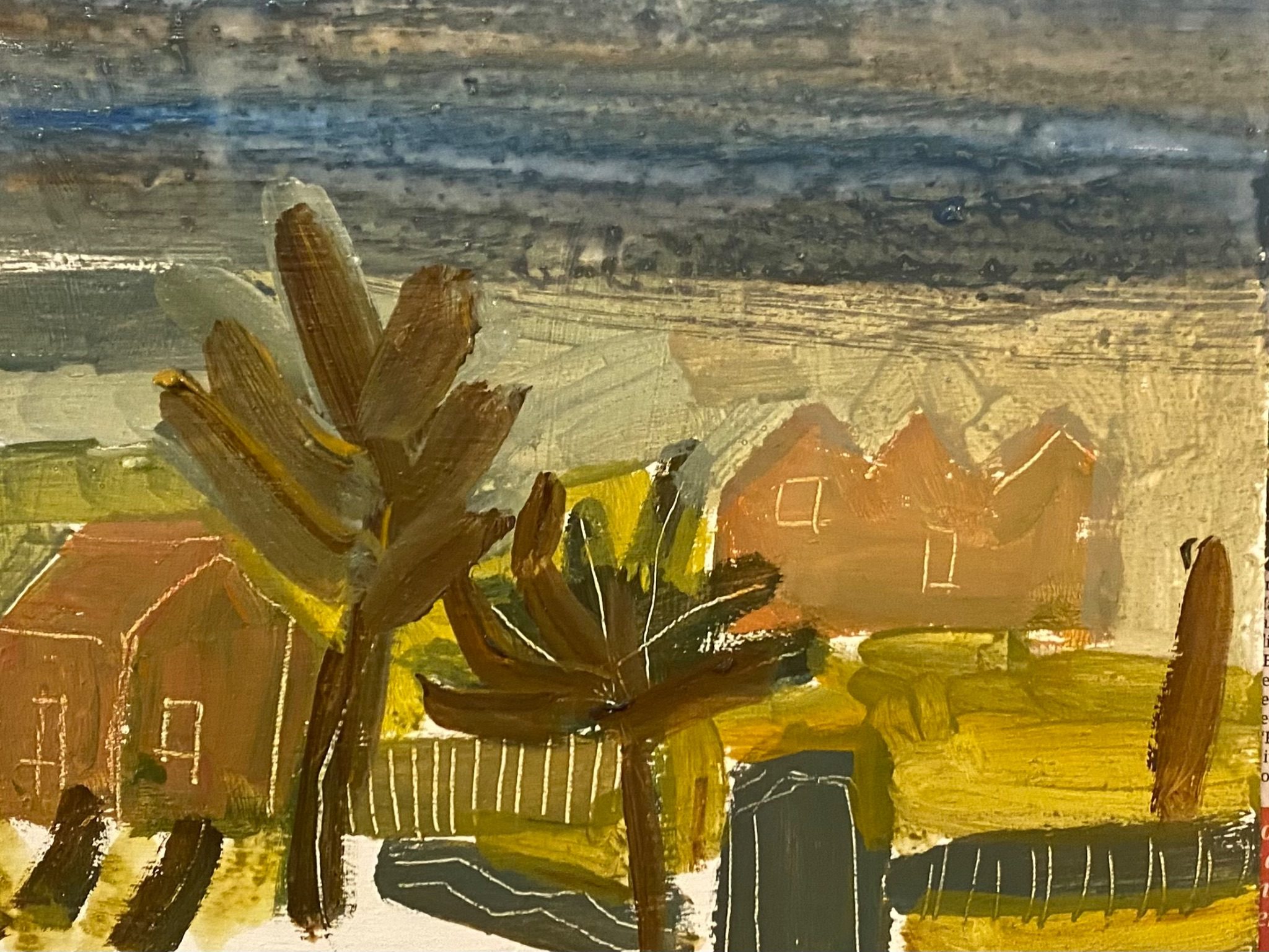 Painting of trees and houses
