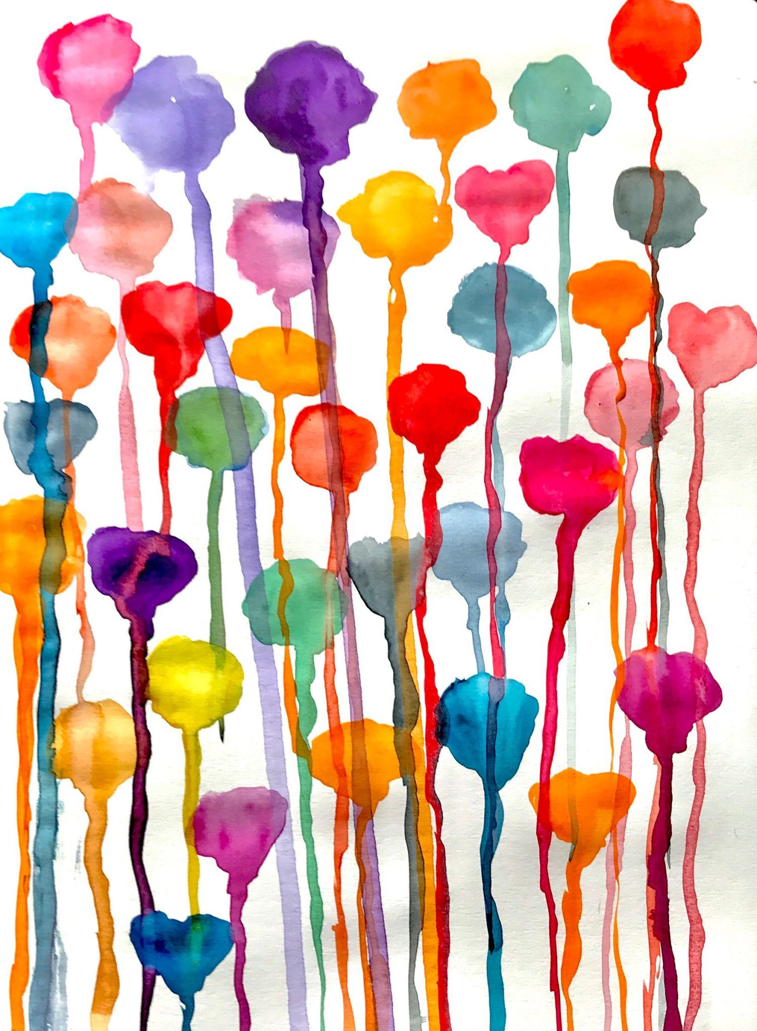 Brightly coloured blobs of watercolour paint drip down the page in a haphazard way