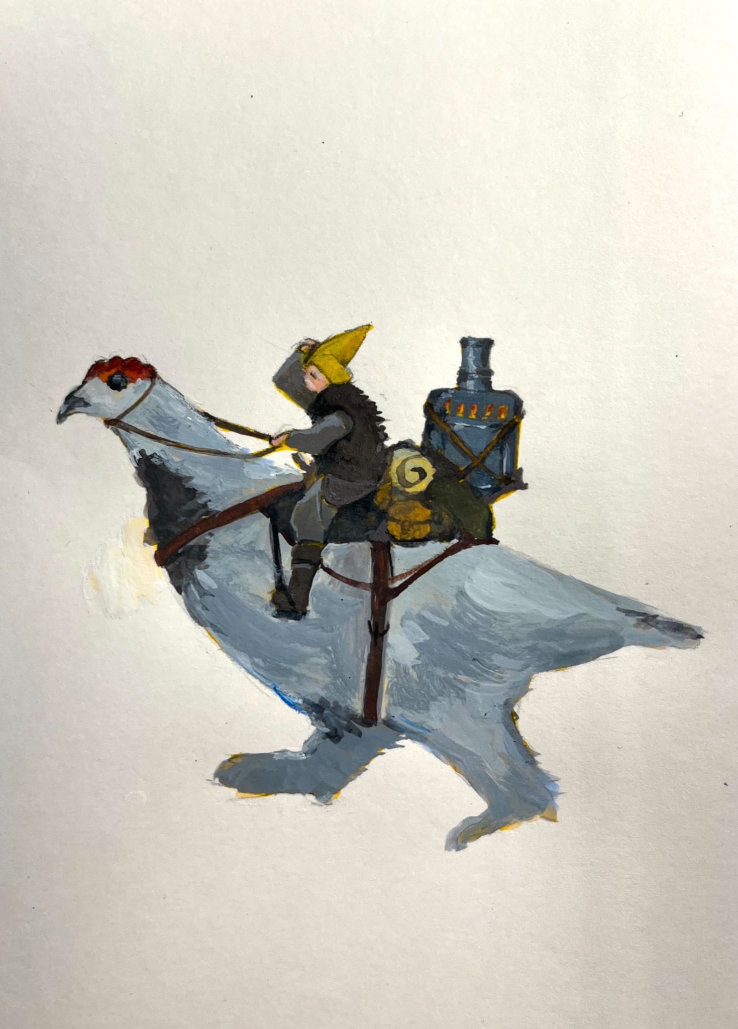 Small character riding a white lagopus lagopus, items, bags and a little oven tightly tied to the back of the bird.