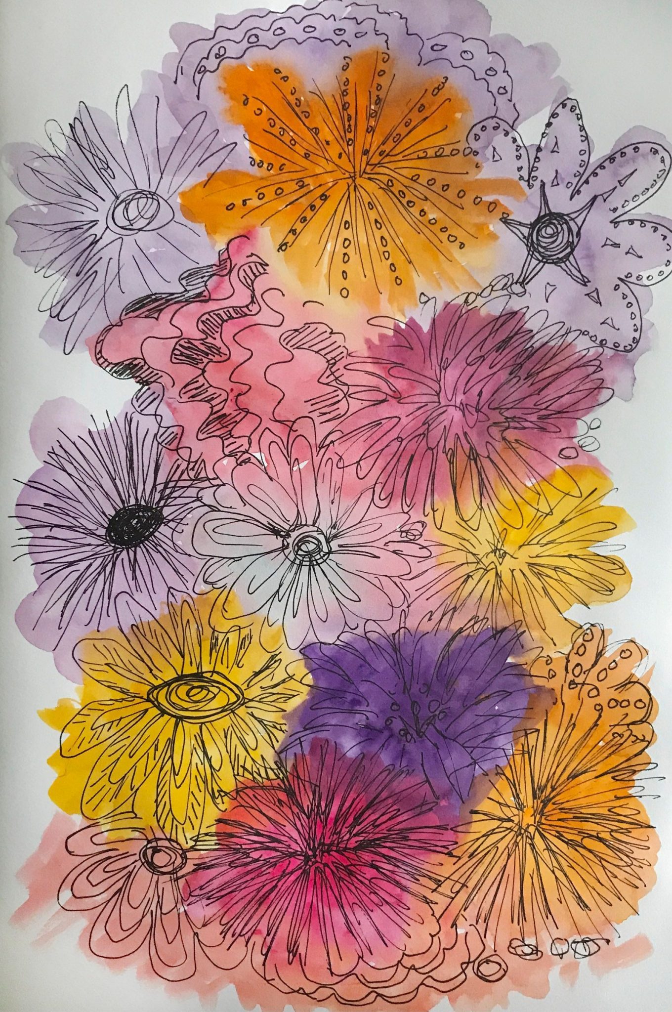 bright splodges of  random watercolour  paints drawn over into flower shapes with black waterproof pen