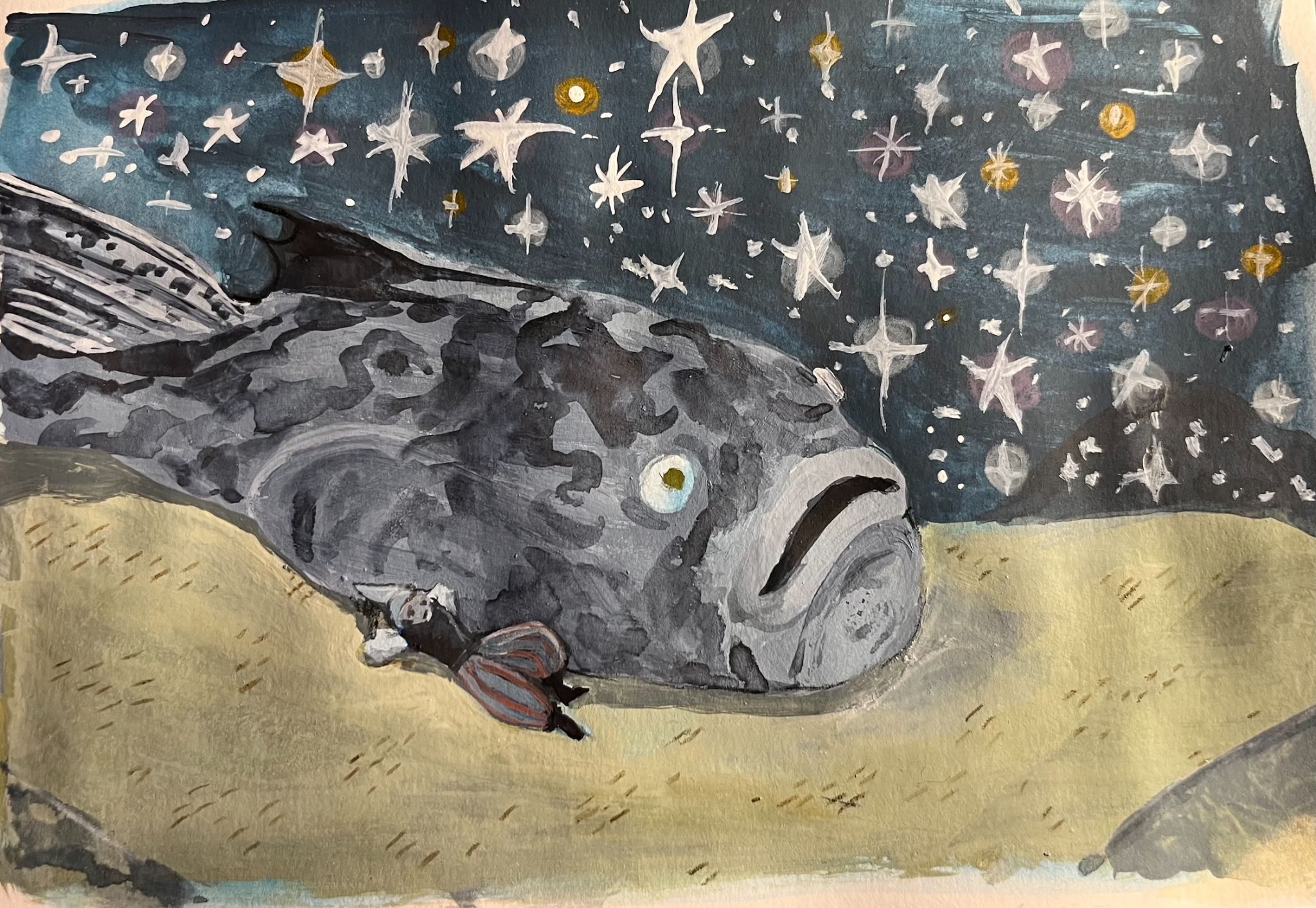 Stargazer fish looking happy on the beach at night, looking up at the starry sky with a little character lying next to him.