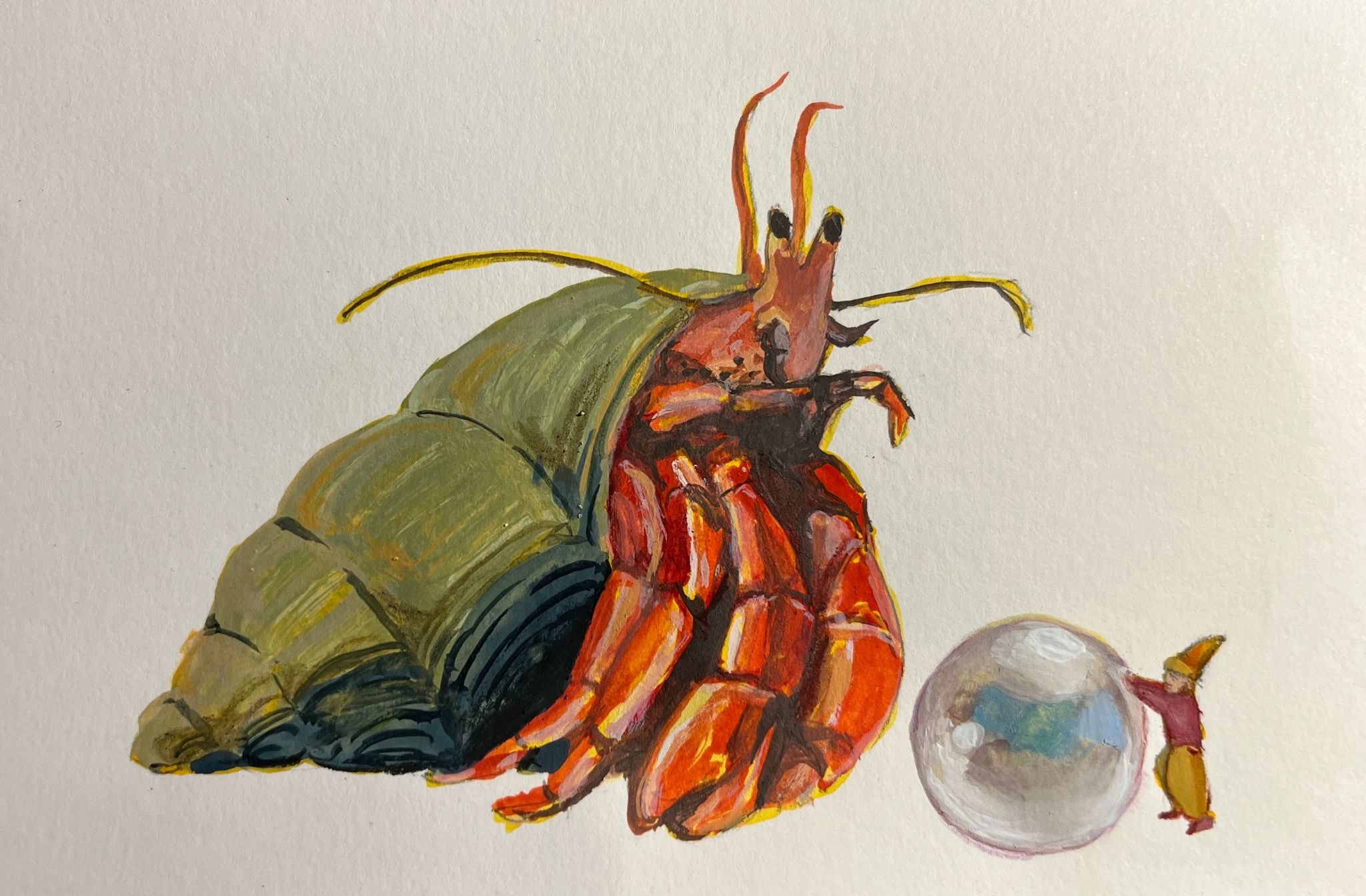 Hermit crab looking at a little character with a pointy hat, he is pushing a pearl bigger than him.