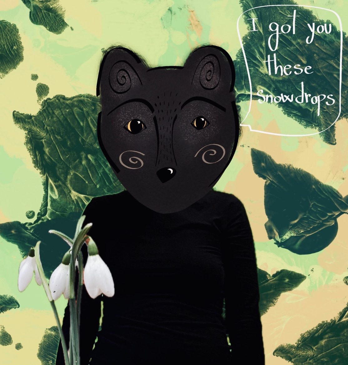 A digital collage of a human with bear head holding a bouquet of snowdrops and saying “ I got you these snowdrops “