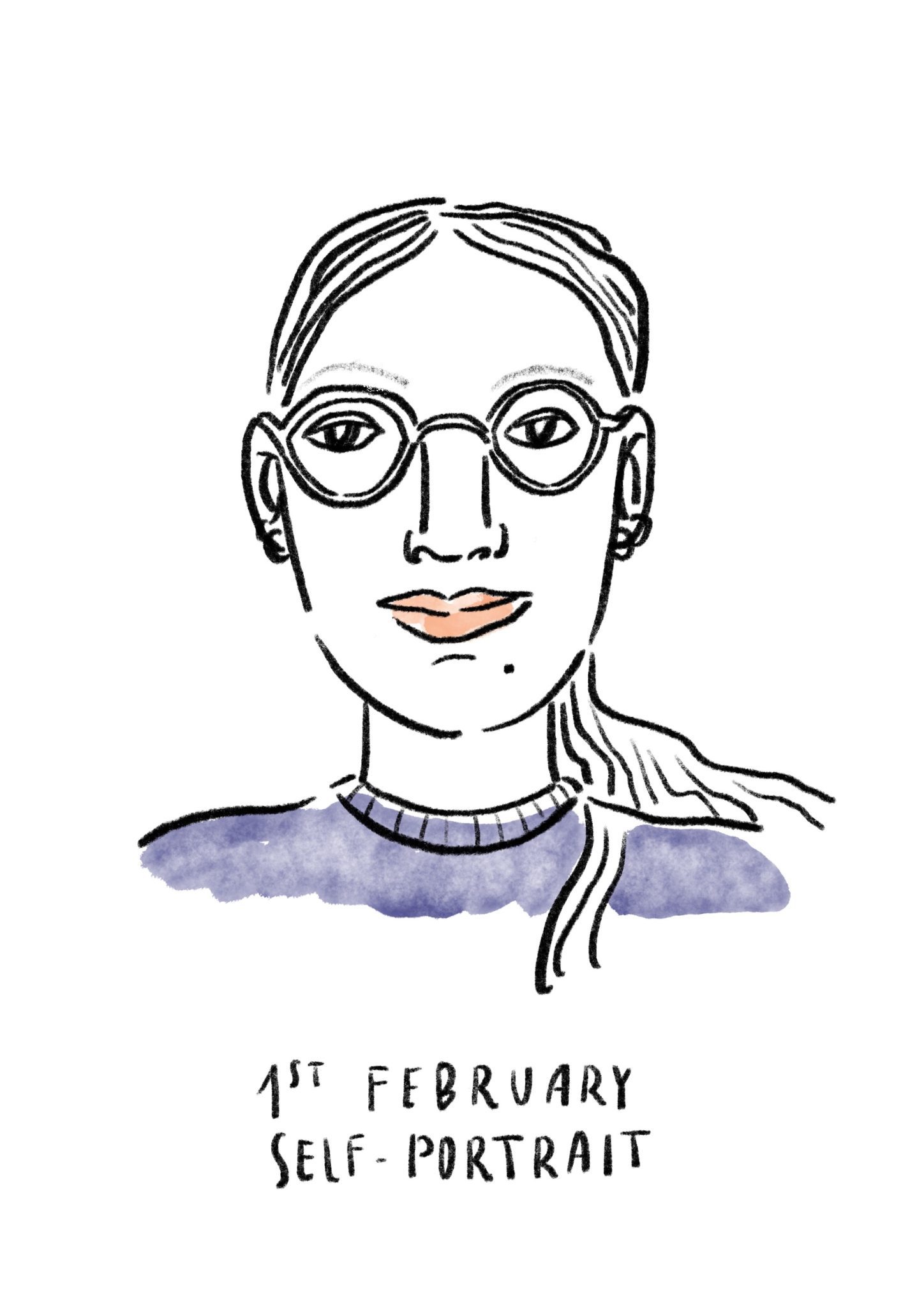 Black and white Self portrait with a pinch of purple colour on the jumper