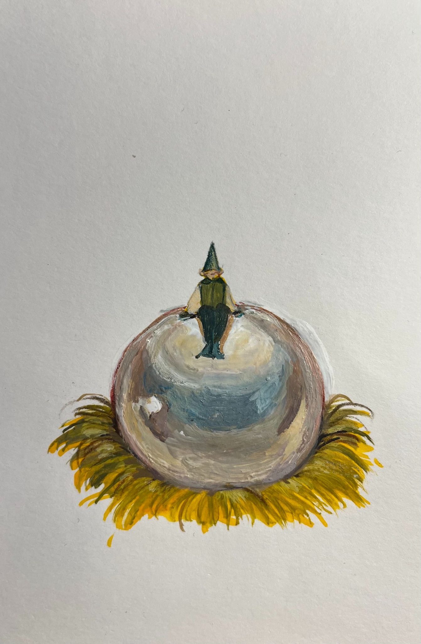 Tiny character sitting on a big pearl.