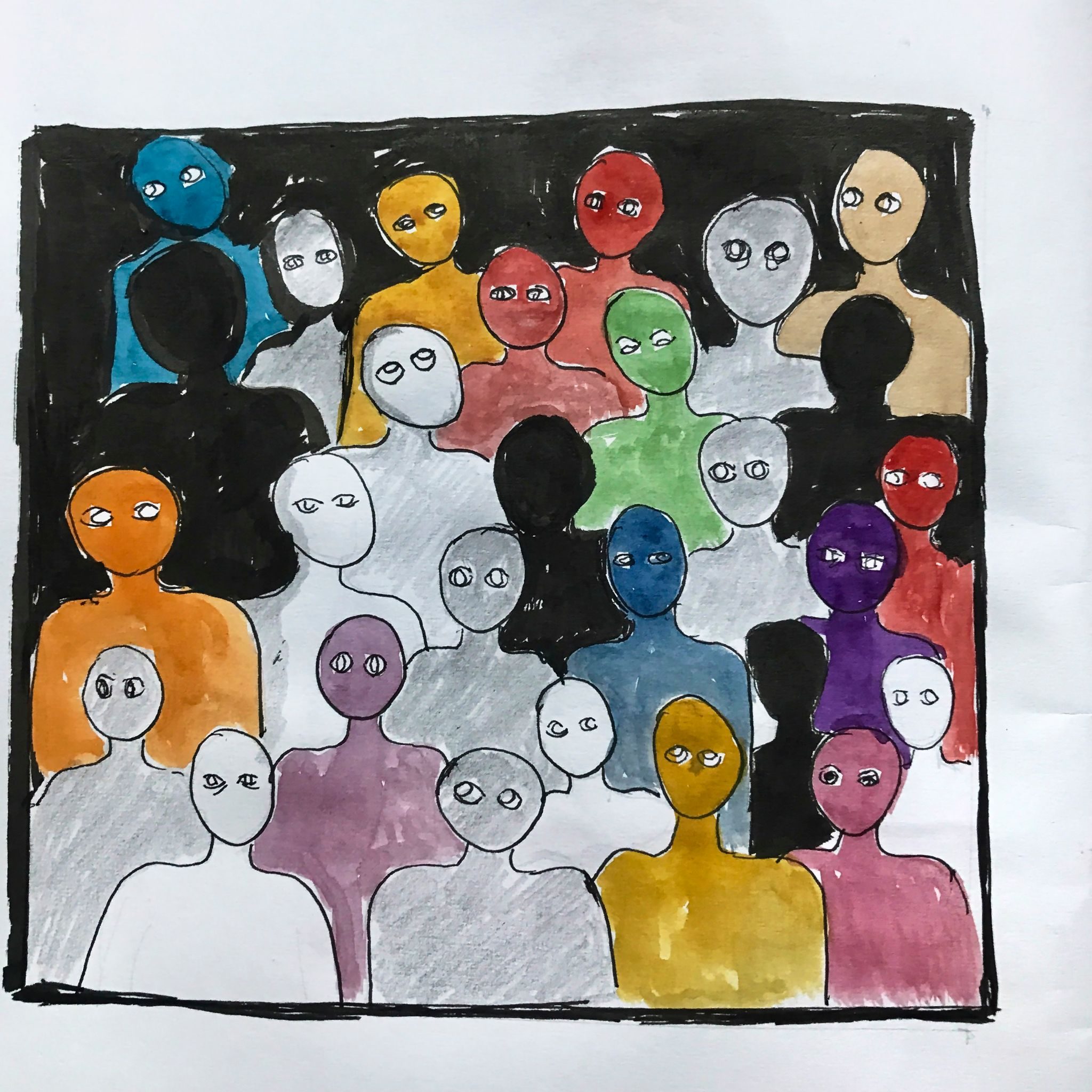 a series of colourful  heads and shoulders with only eyes showing in black square frame