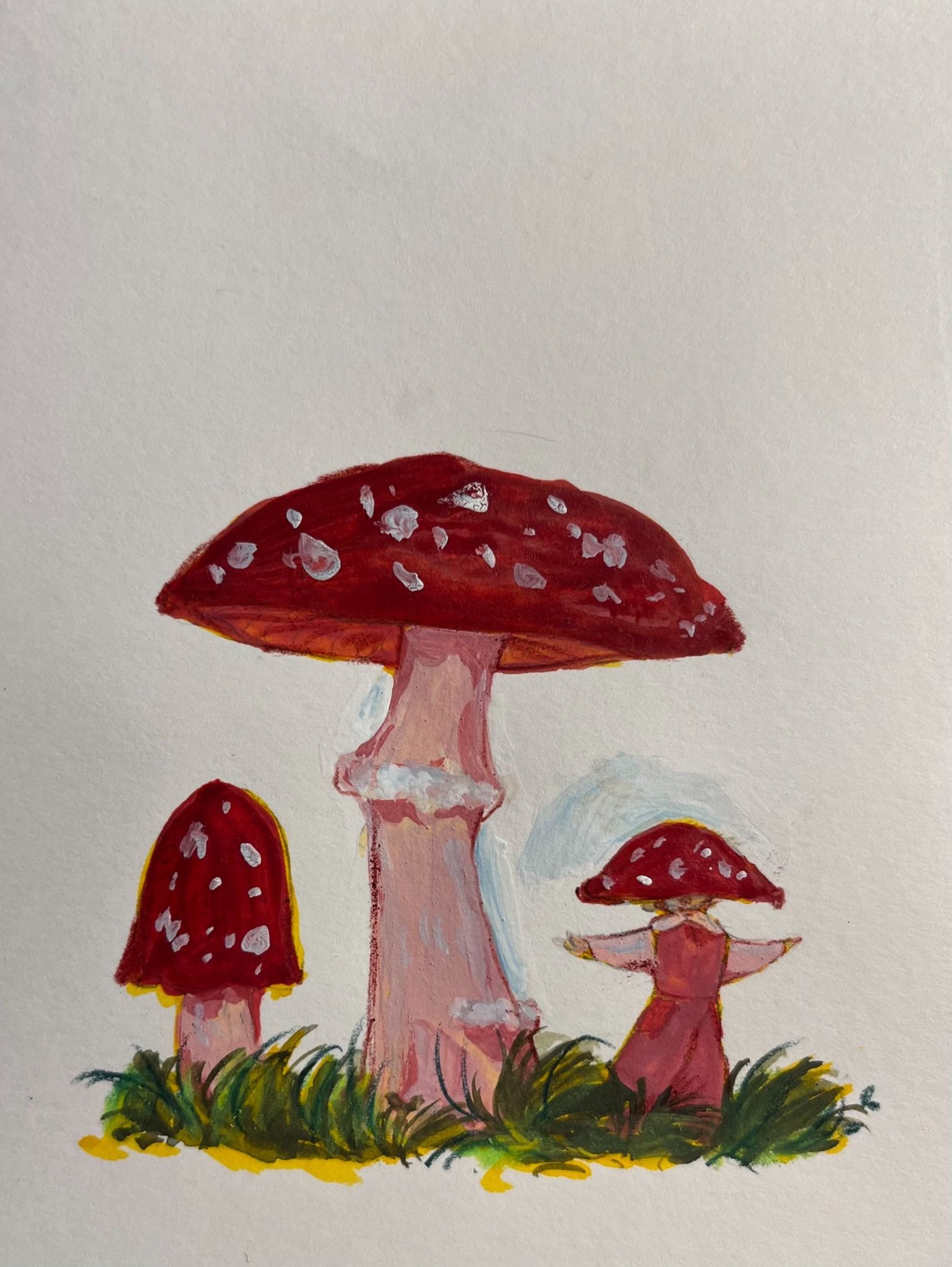 Two mushrooms and a little character running around them, a mushroom cap on his head, he can't see where he is going.