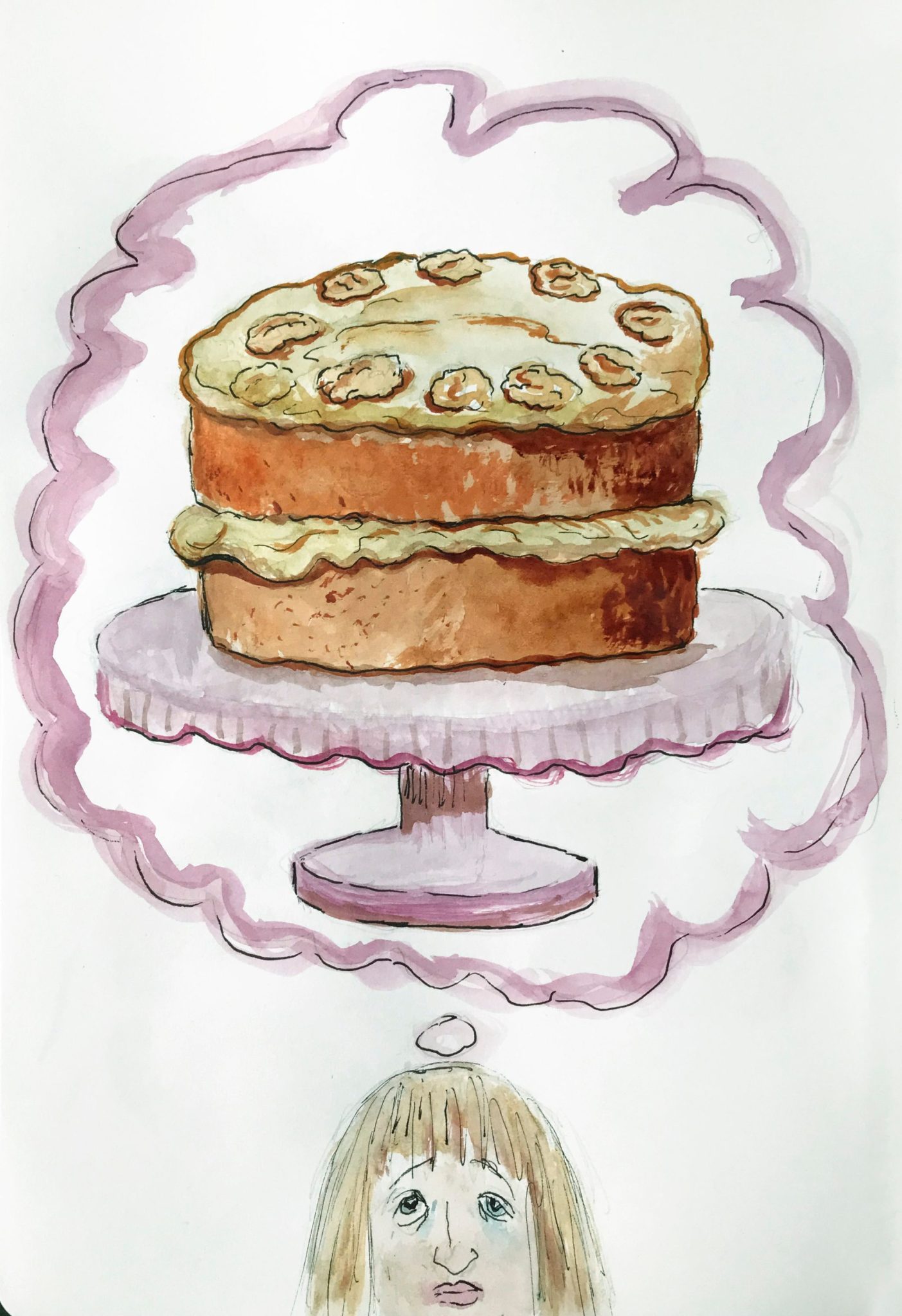 a coffee and walnut cake on a cake stand and a person below dreaming of it's delight!