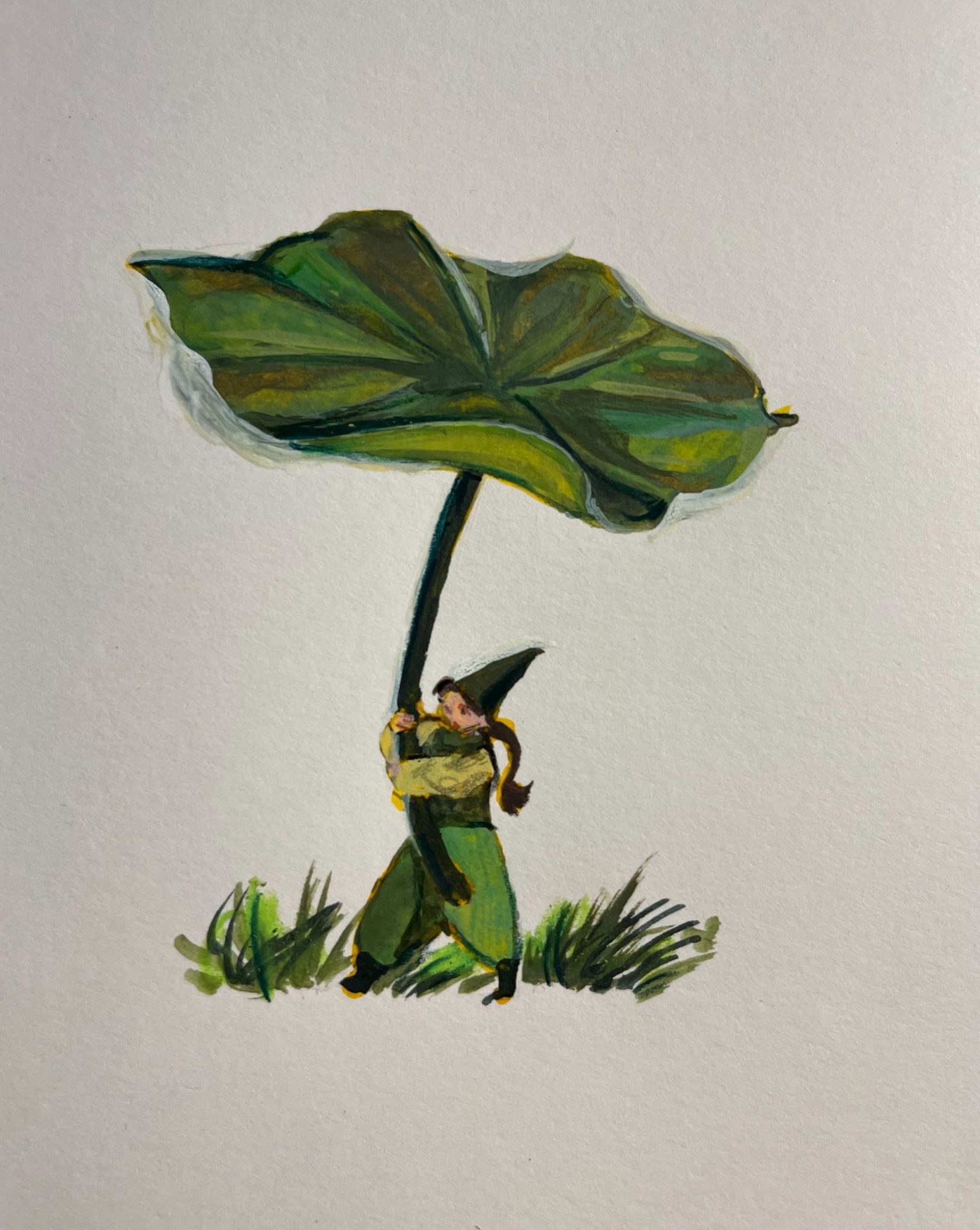 Little character holding a waterlily leaf above her head.