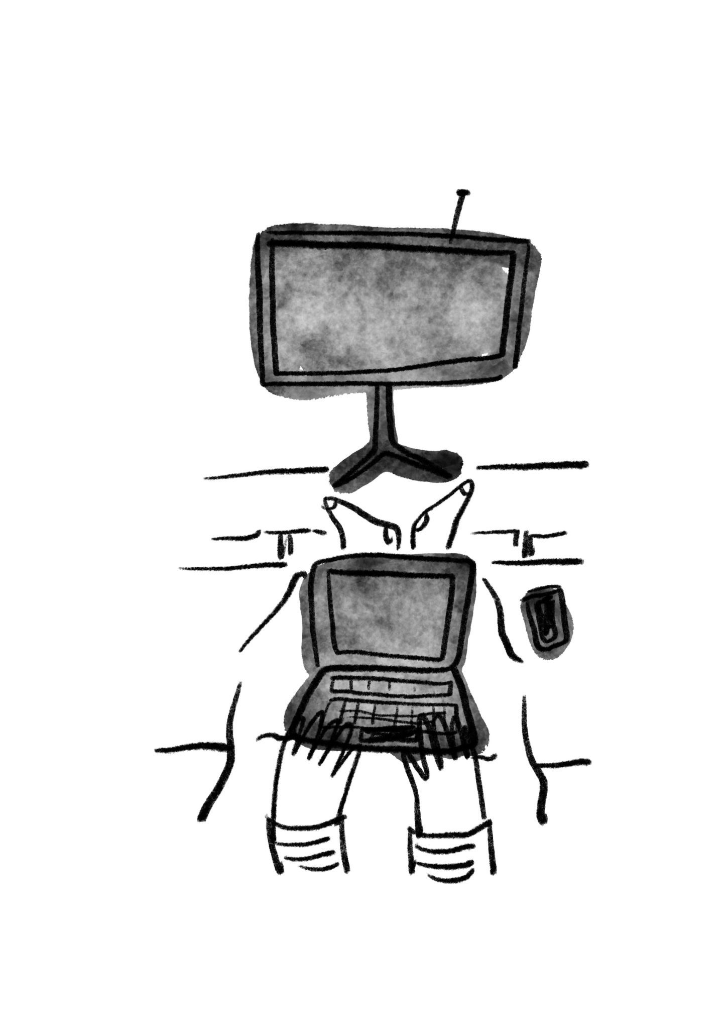 A person looking at theTv, laptop and iPhone at the same time. Black watercolour on digital.