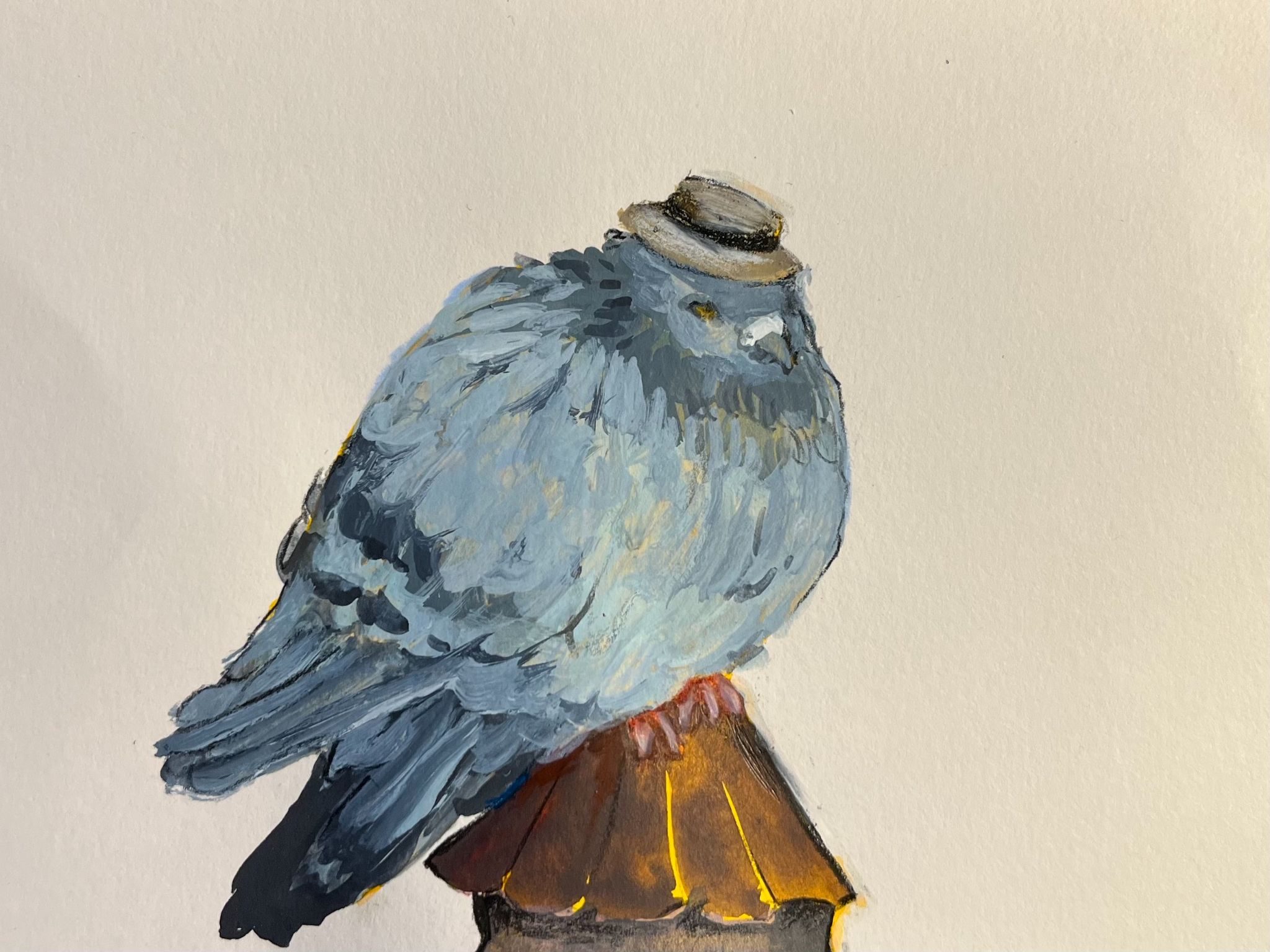 A pigeon with a hat on a tower.