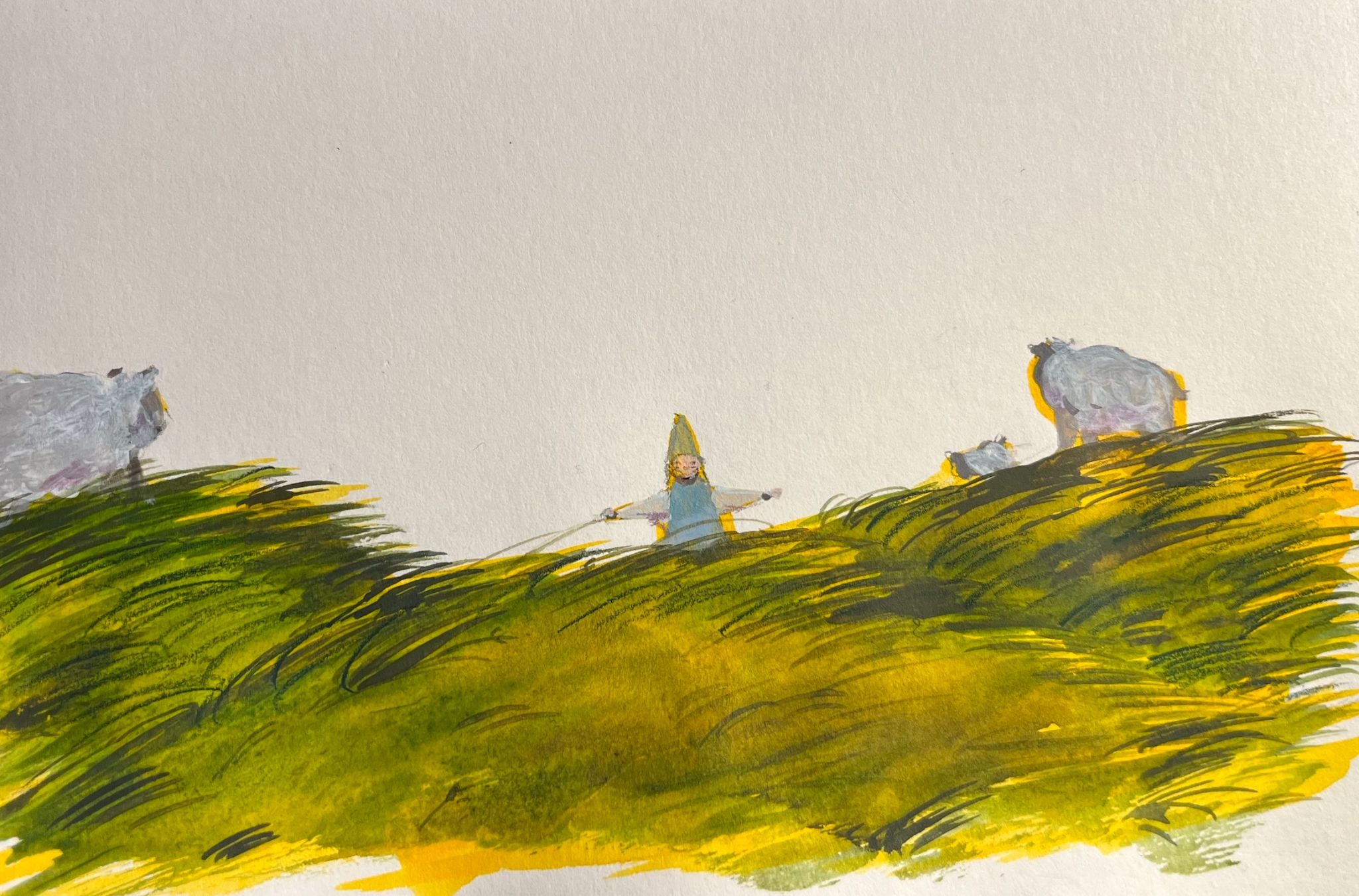 Little character in a field with sheep.