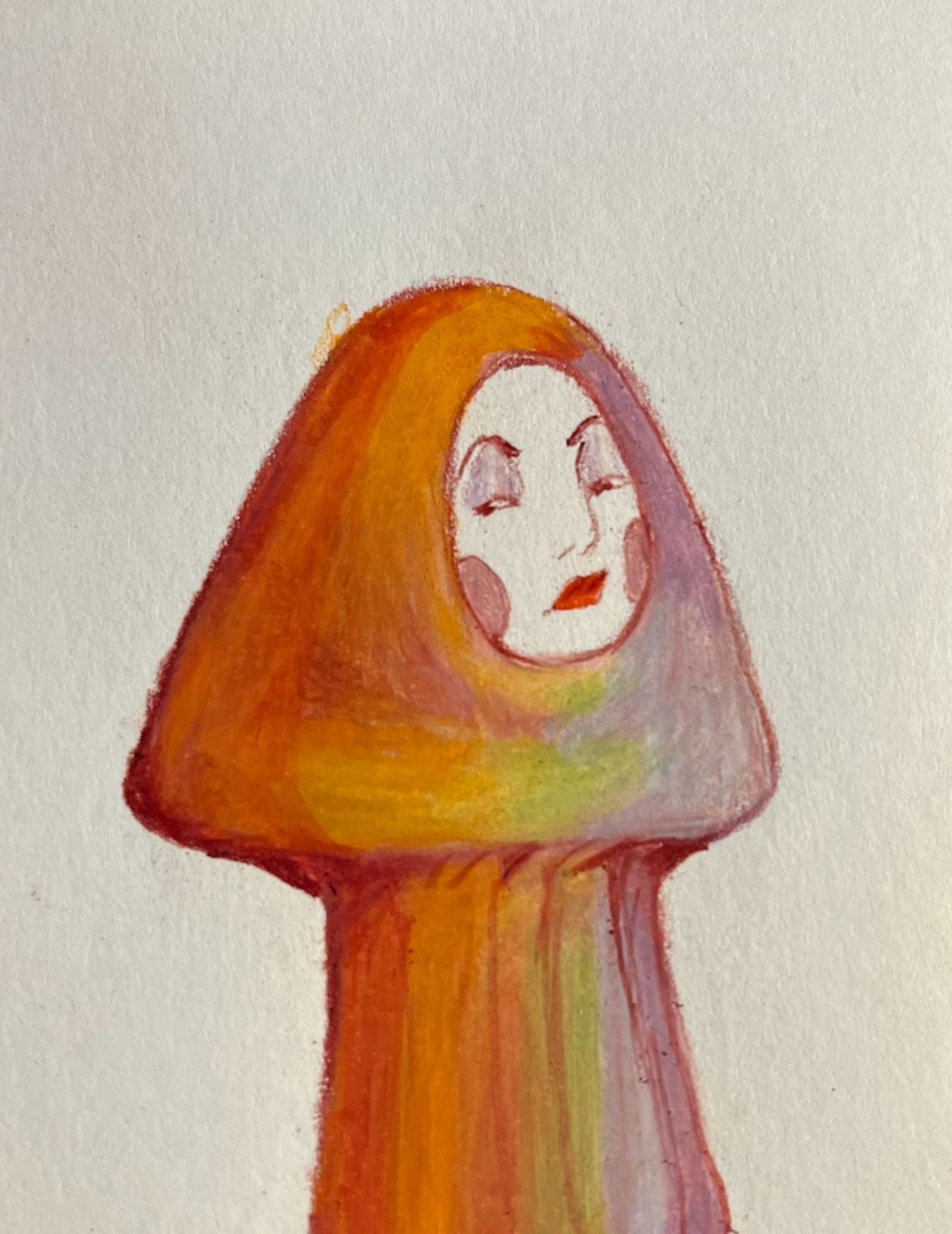 Rainbow mushroom with the face of a woman.