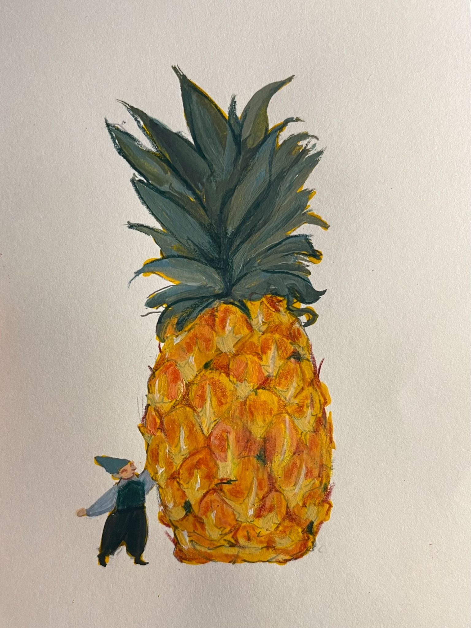 Pineapple and little character looking at it.