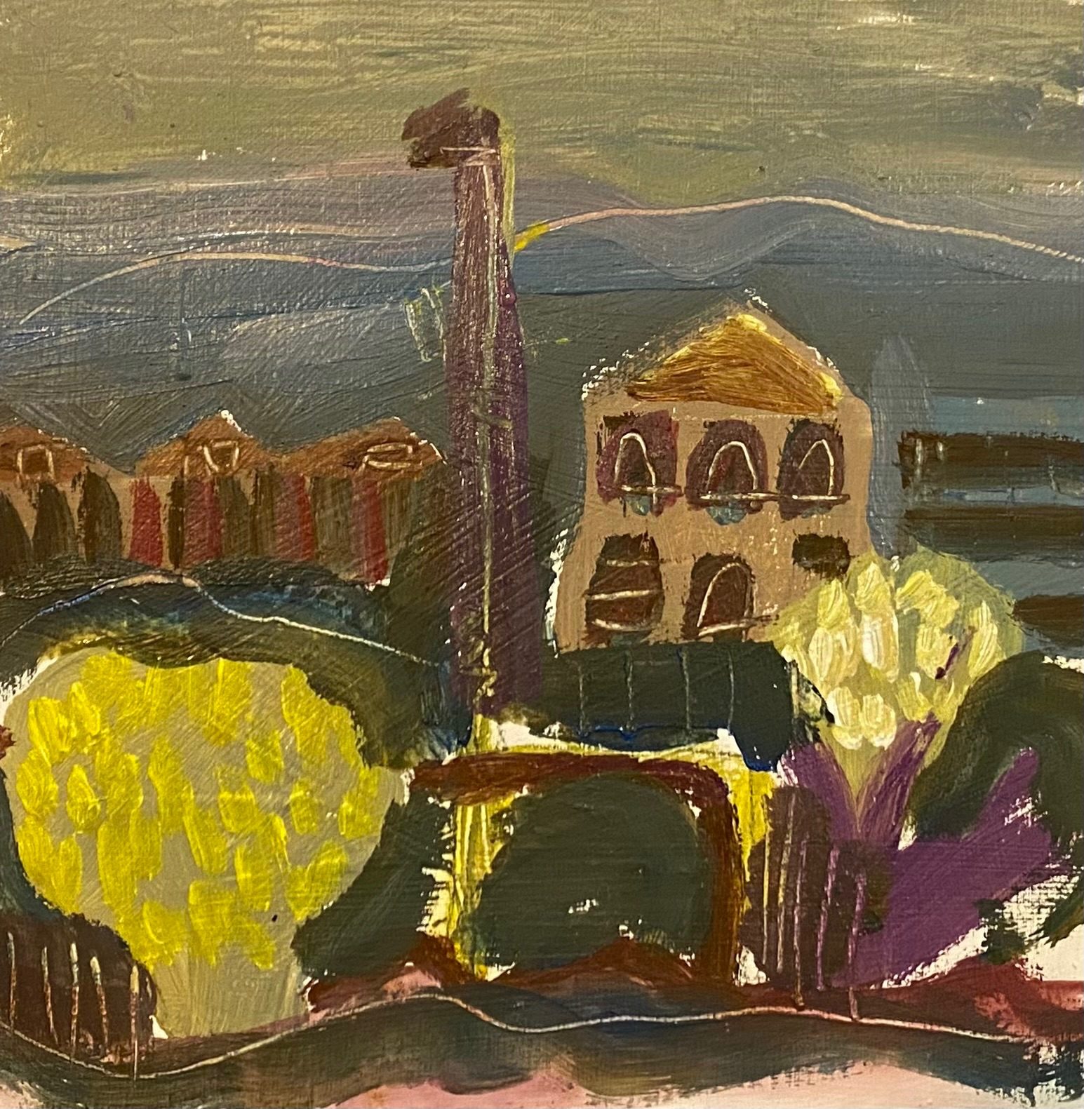 Painting of trees and buildings