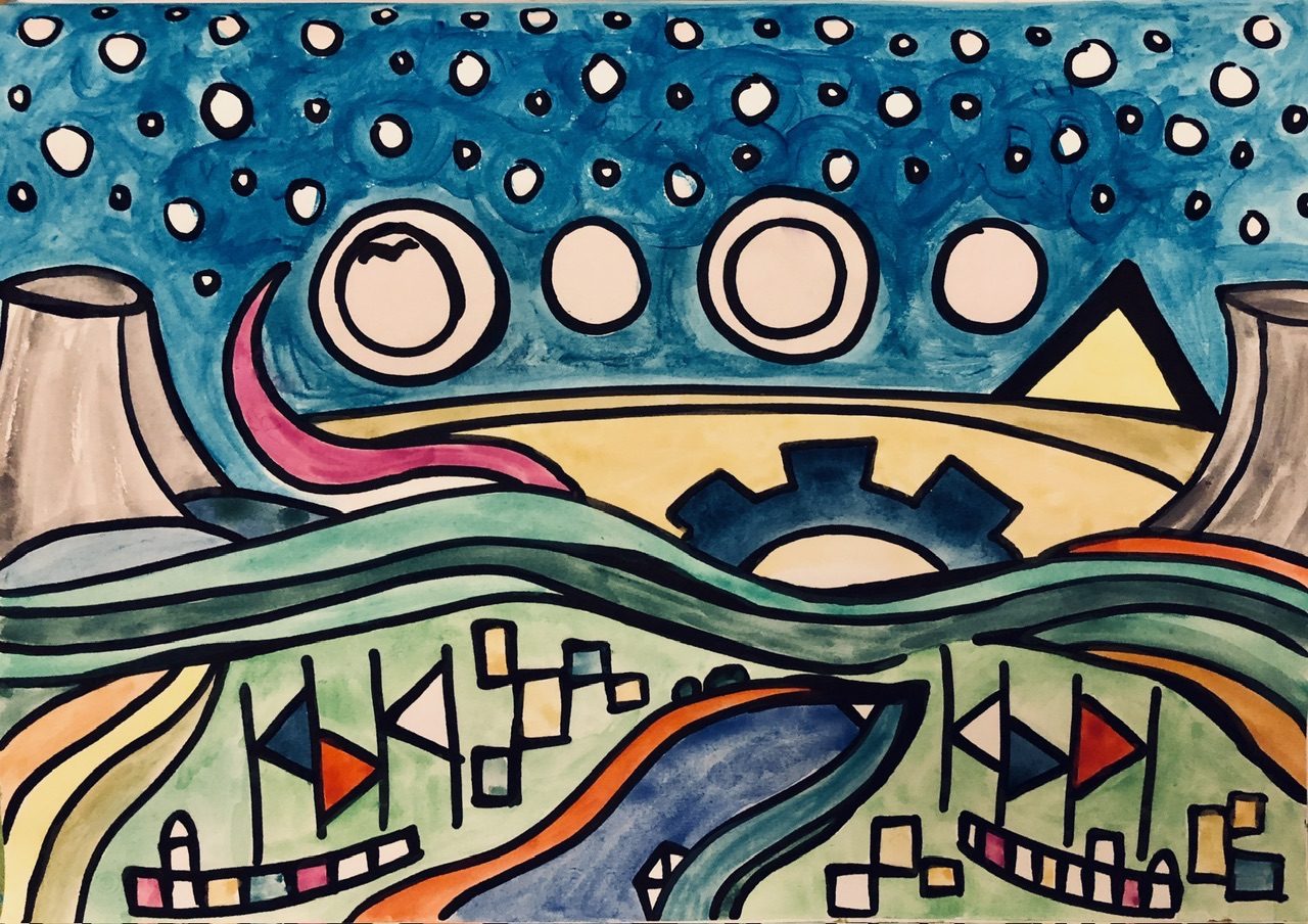 Cartoon drawing with power plants and flags. Colourful