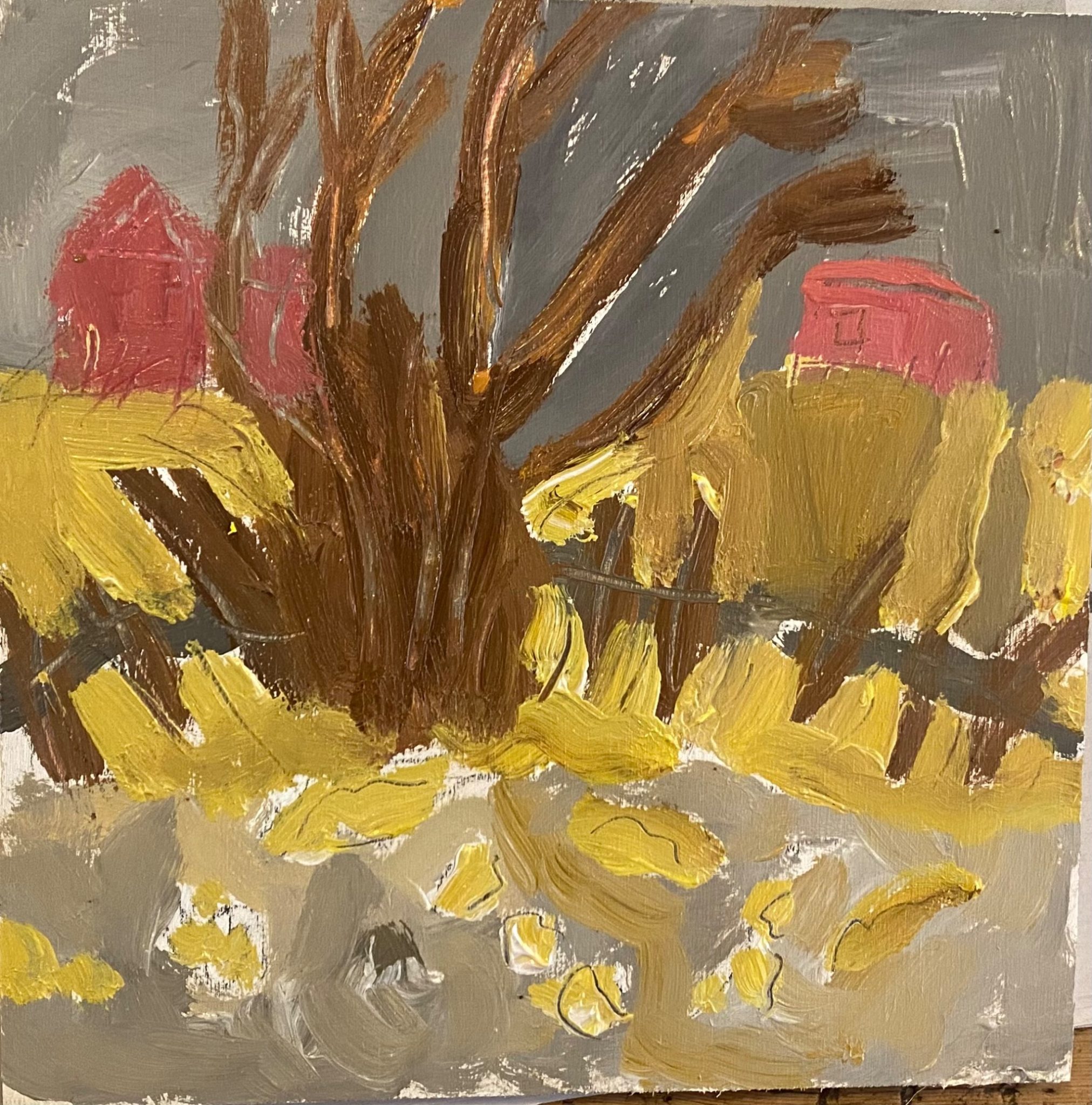 Painting of trees with houses on horizon