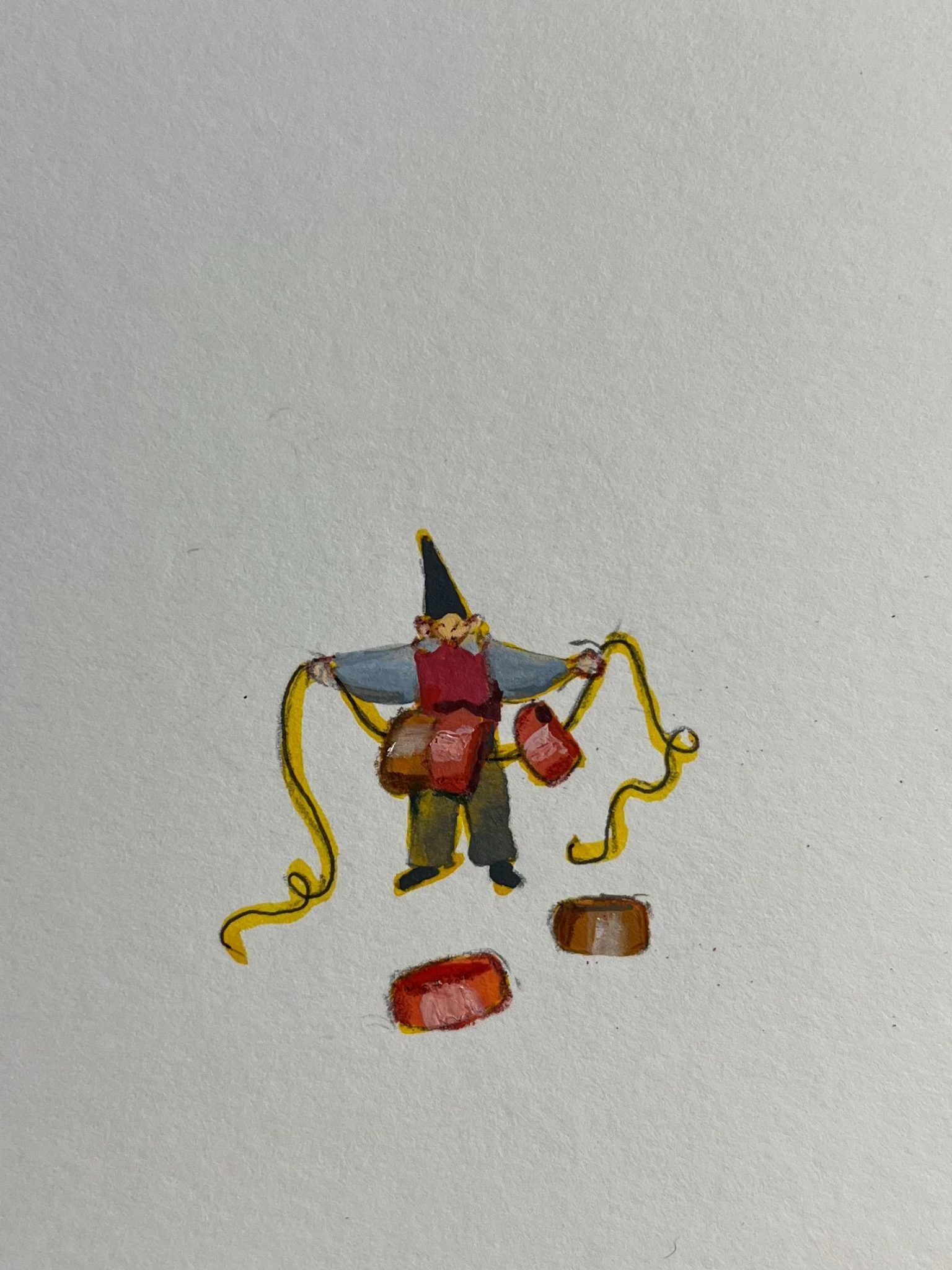 Little character holding a string with three beads on it, two are on the floor.