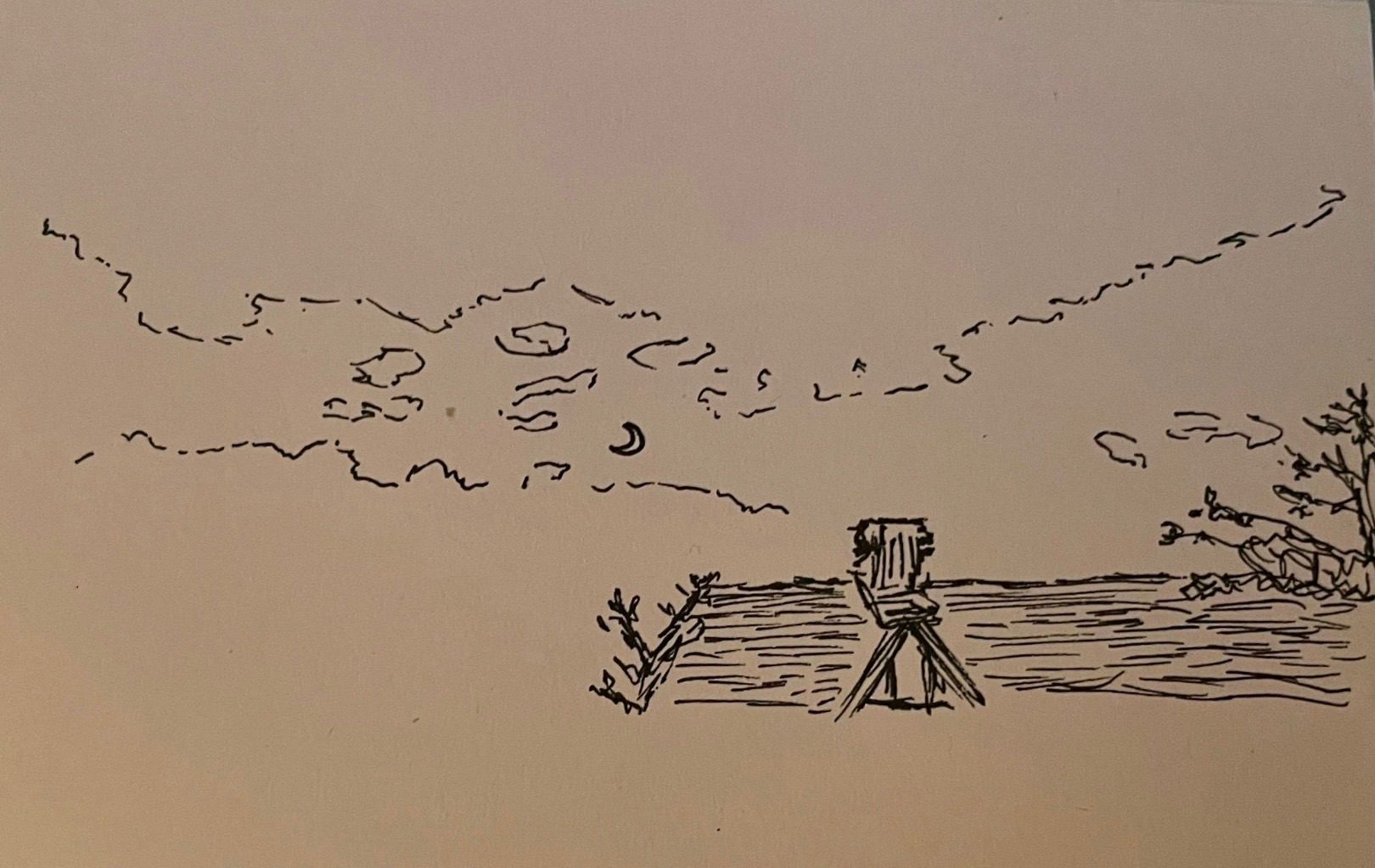 Landscape black-and-white doodle of an outline of clouds with a crescent moon. The bottom right has the outline of a roof and a tree..