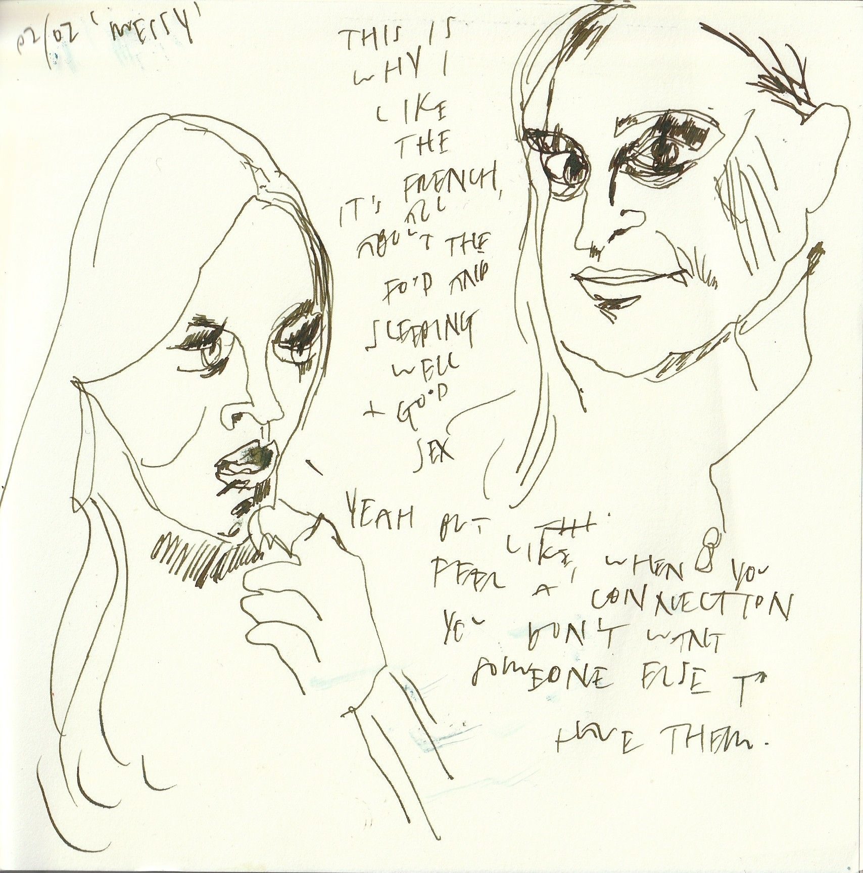 An ink drawing of two women, from The Real Housewives of New York with written text about them talking about France and realtionships.