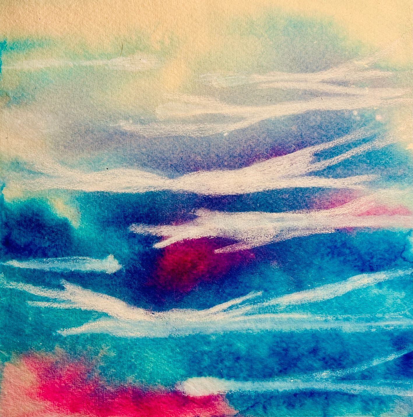 Blue, pink and white ink and pastel shapes, loosely based on the sky from my window