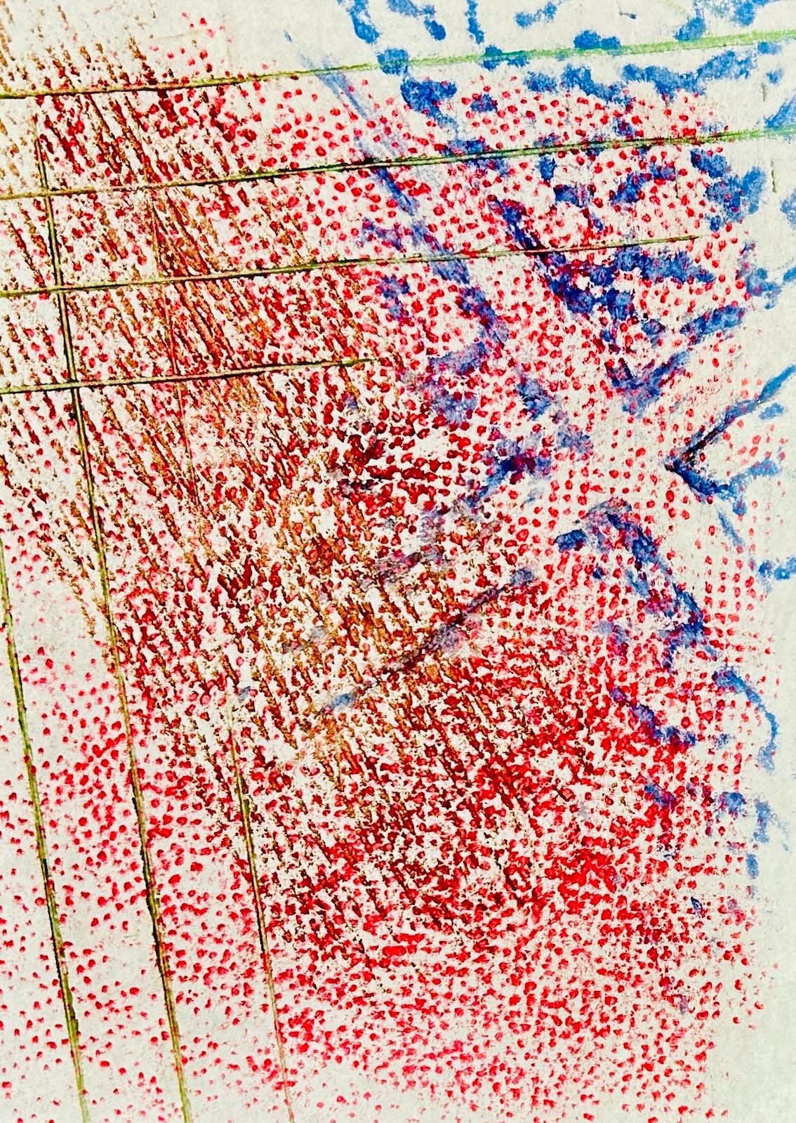 Overlapping rubbings in brown, green, blue and red of different textures from surfaces