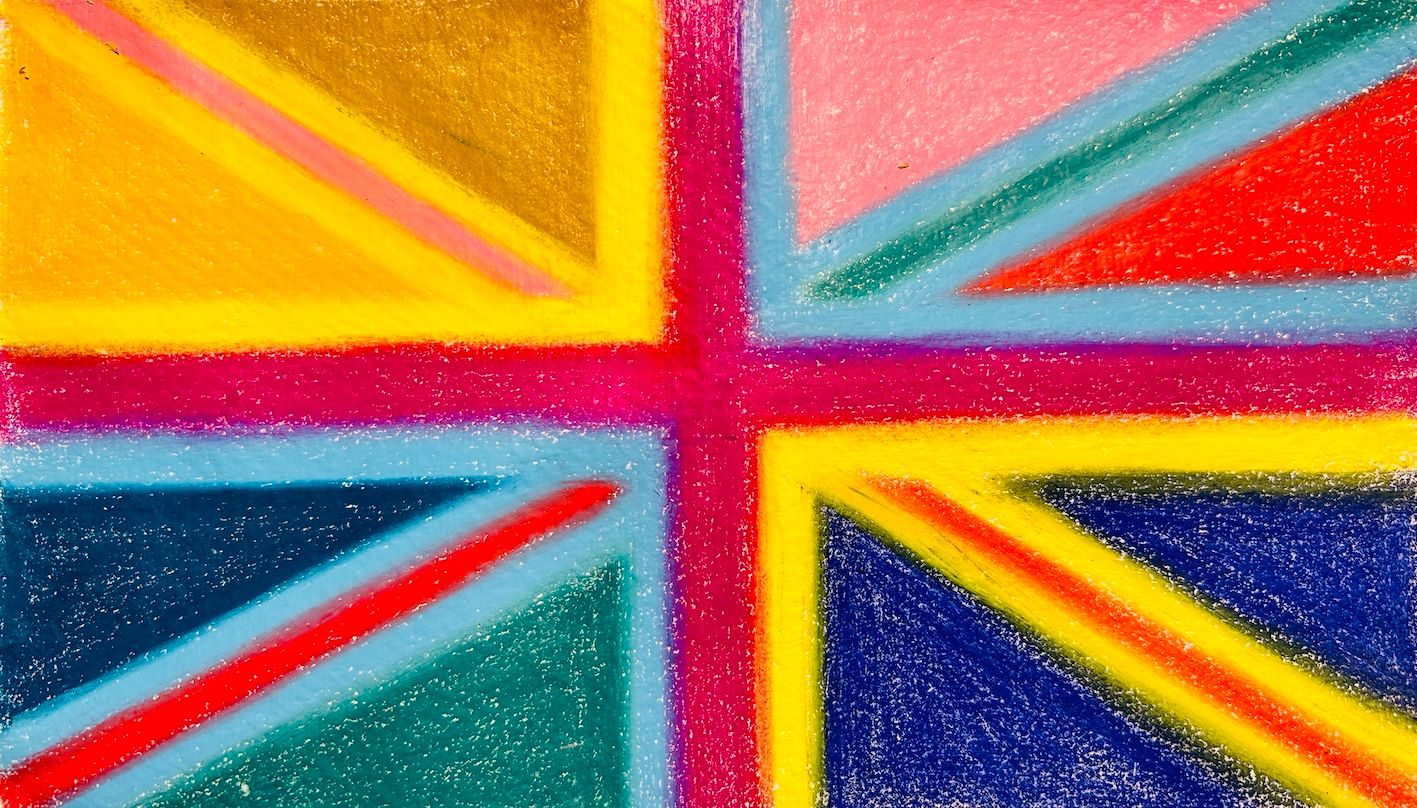A Union Jack flag design in pastel colours, created with soft pastels