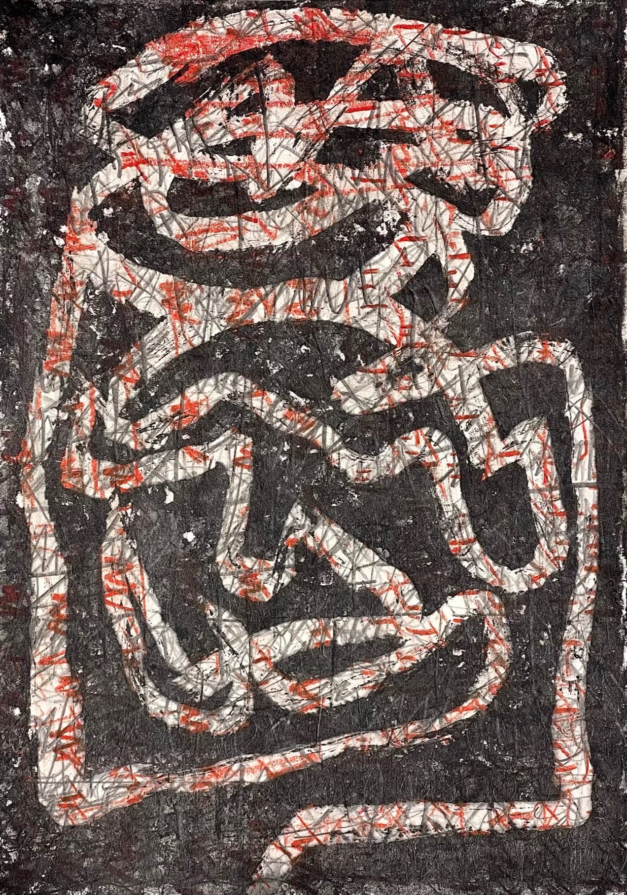 An abstract portrait of a face revealed through the negative space of the paper. The image captures a busy mind where chaos and rhythm collide. Intense black and red strokes surround the face against a dark void, creating a sense of movement and internal noise.