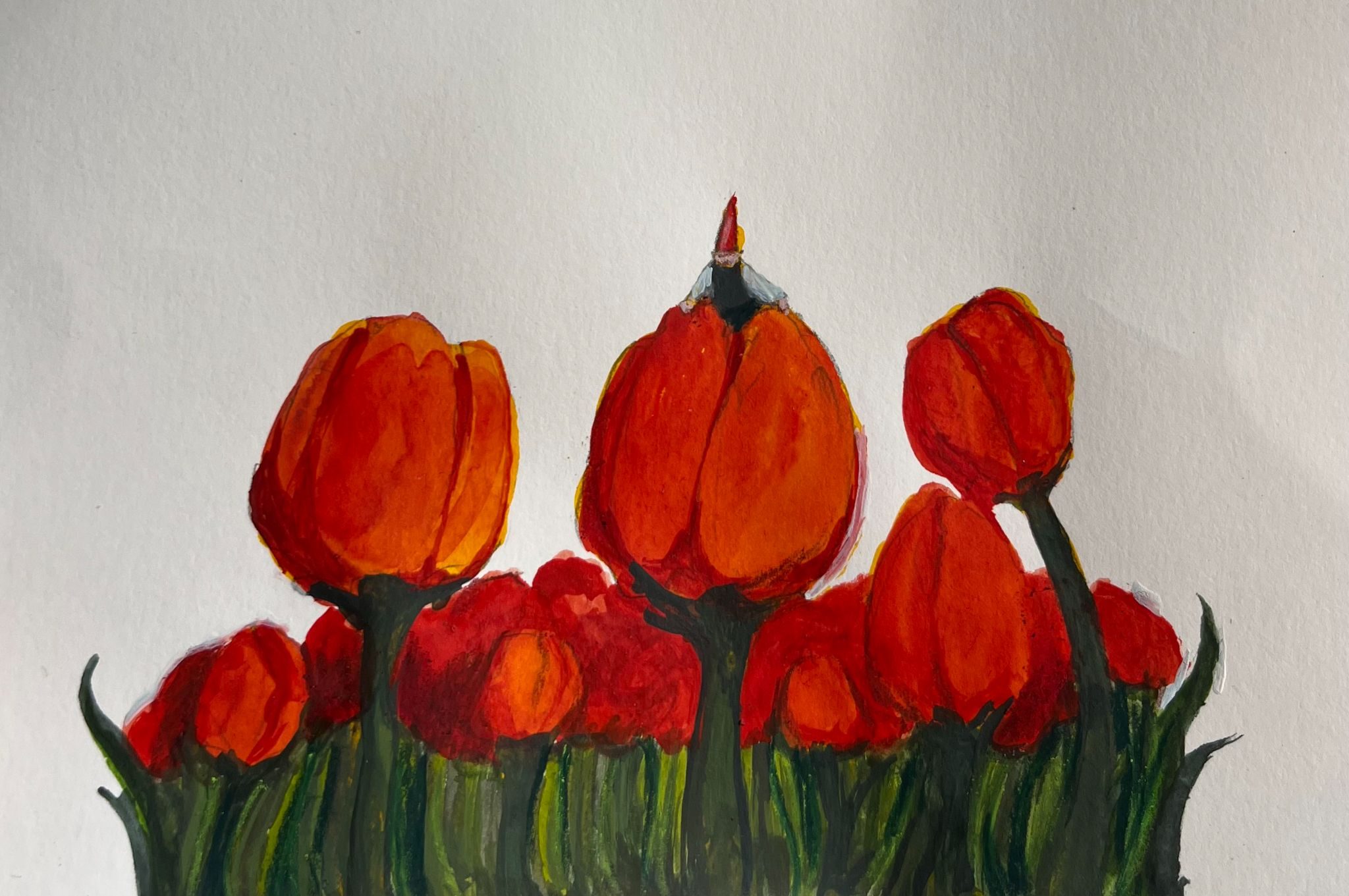 Little character on top of a red tulip in a red tulip field.