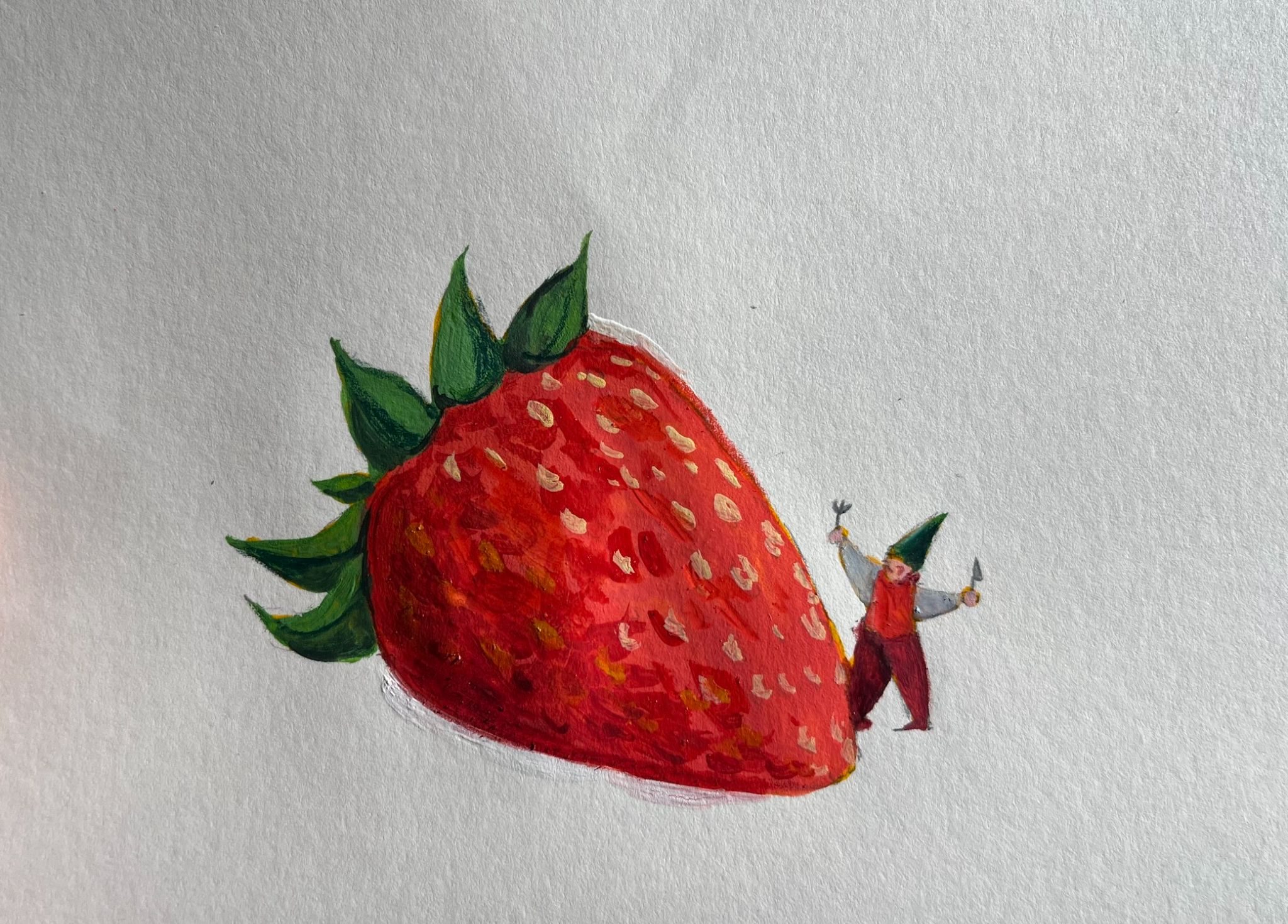 Little character running with a small fork and knife to a big strawberry.